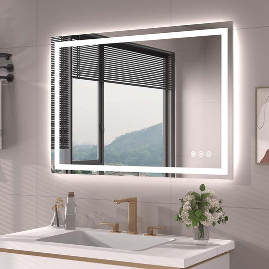 40"X28" LED Bathroom Mirror with Front Lights and Backlit, Anti-Fog, Dimmable, Shatter-Proof Tempered Glass, Lighted Bathroom Vanity Mirror for Wall with 3 Colors, Memory Function