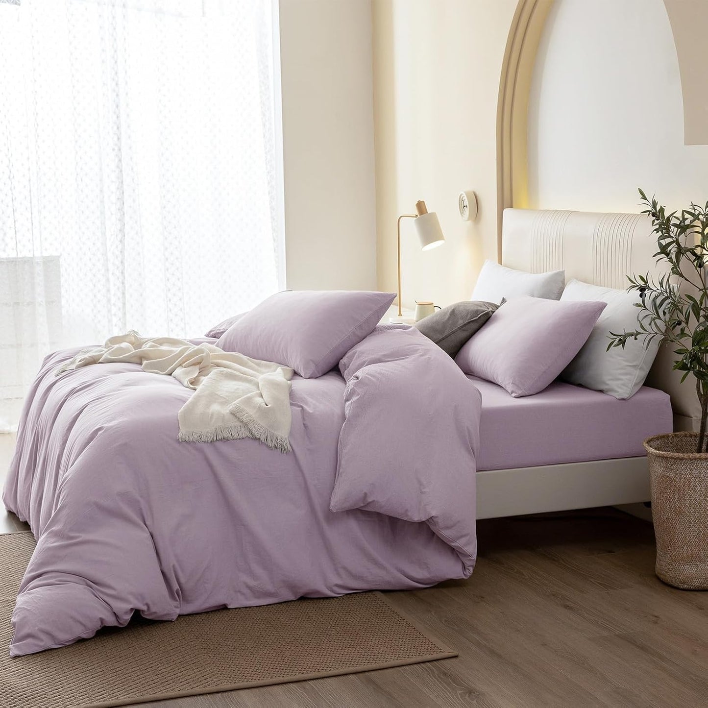 JIYUAN 100% Washed Cotton Duvet Cover Set 3 Pieces Oversized King, 1 Duvet Cover 120x98 Inches(Comforter Not Included) and 2 Pillowcases,Linen Like Comfy and Breathable,Heathered Light Purple