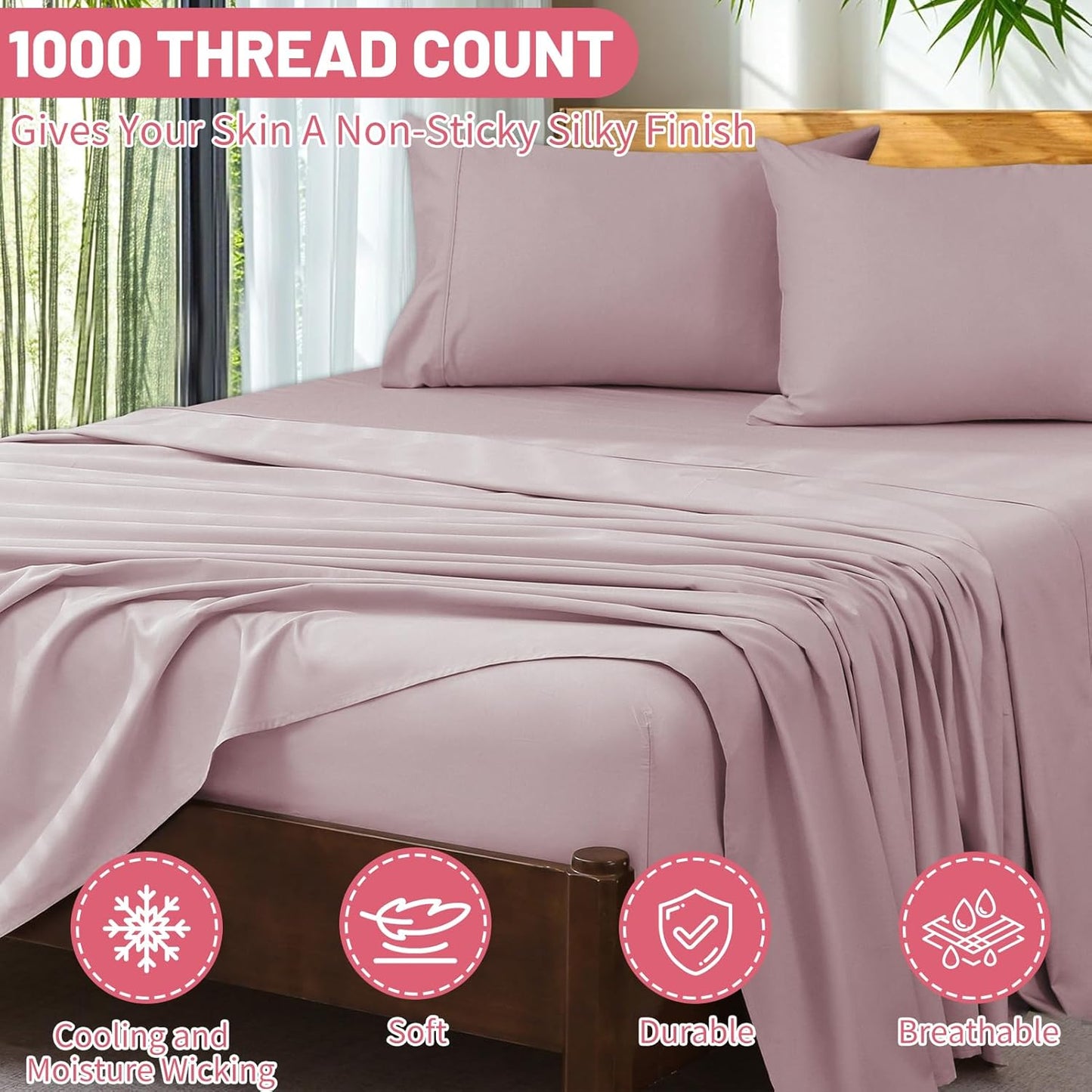 Extra Deep Pocket Queen Sheets 18-24 Inch 1000 Thread Count 100% Egyptian Cotton Sateen Weave Soft Breathable 4 Pieces（Queen,Light Pink）