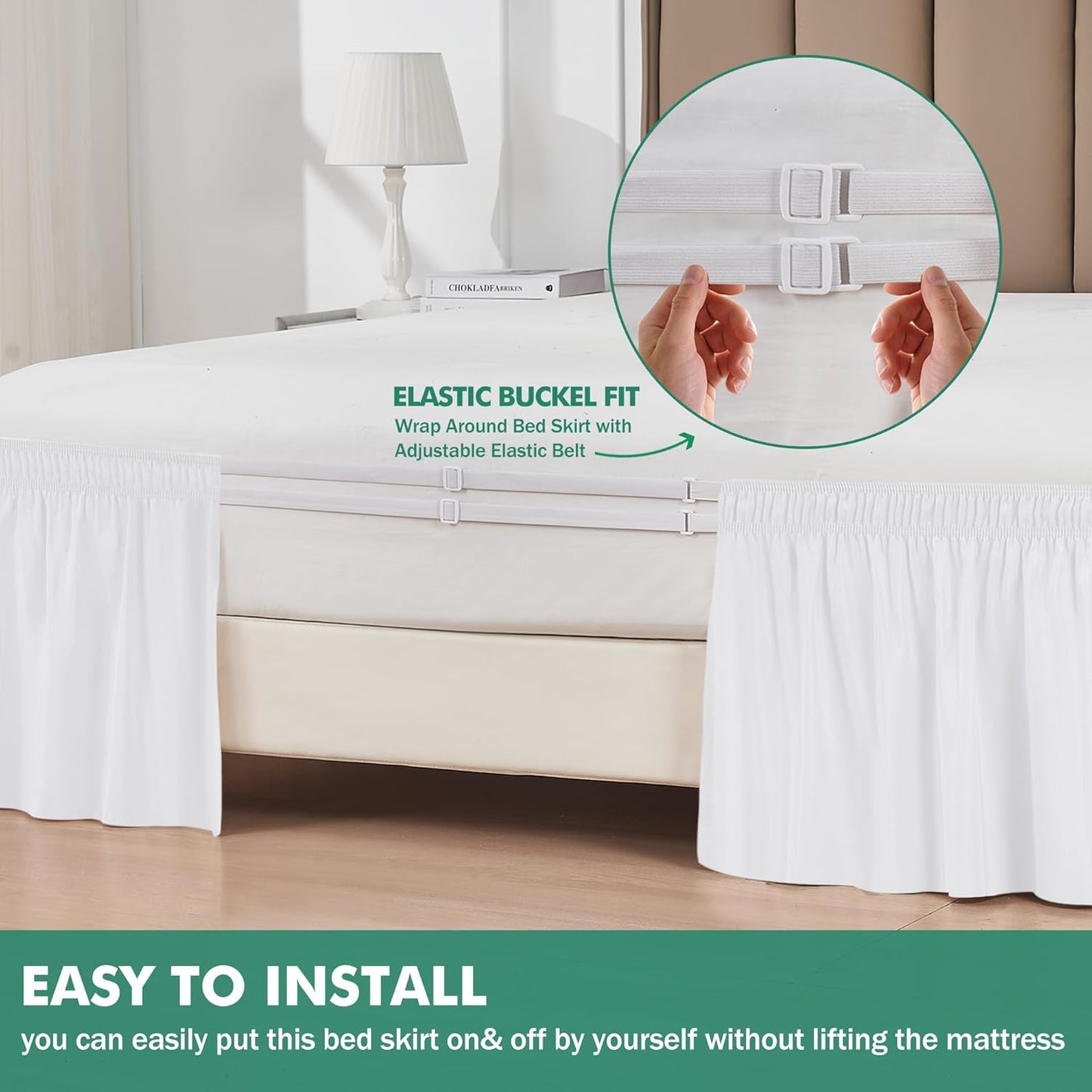 Biscaynebay Wrap Around Bed Skirts with Split Corners for King Beds 25" Drop, White Adjustable Elastic Dust Ruffles Easy Fit Wrinkle & Fade Resistant Silky Luxurious Fabric Machine Washable