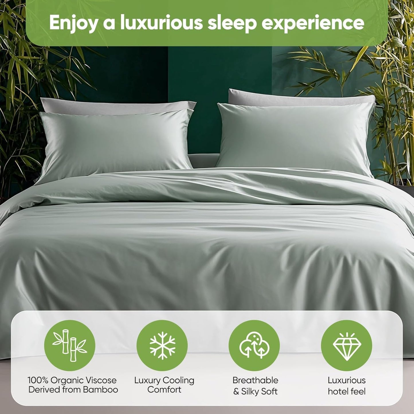 TWK Luxury Sheet Set, Genuine 100% Viscose Derived from Bamboo, Cooling & Breathable, Silky Soft, Bedding Sheets & Pillowcases (Sea Glass, King)