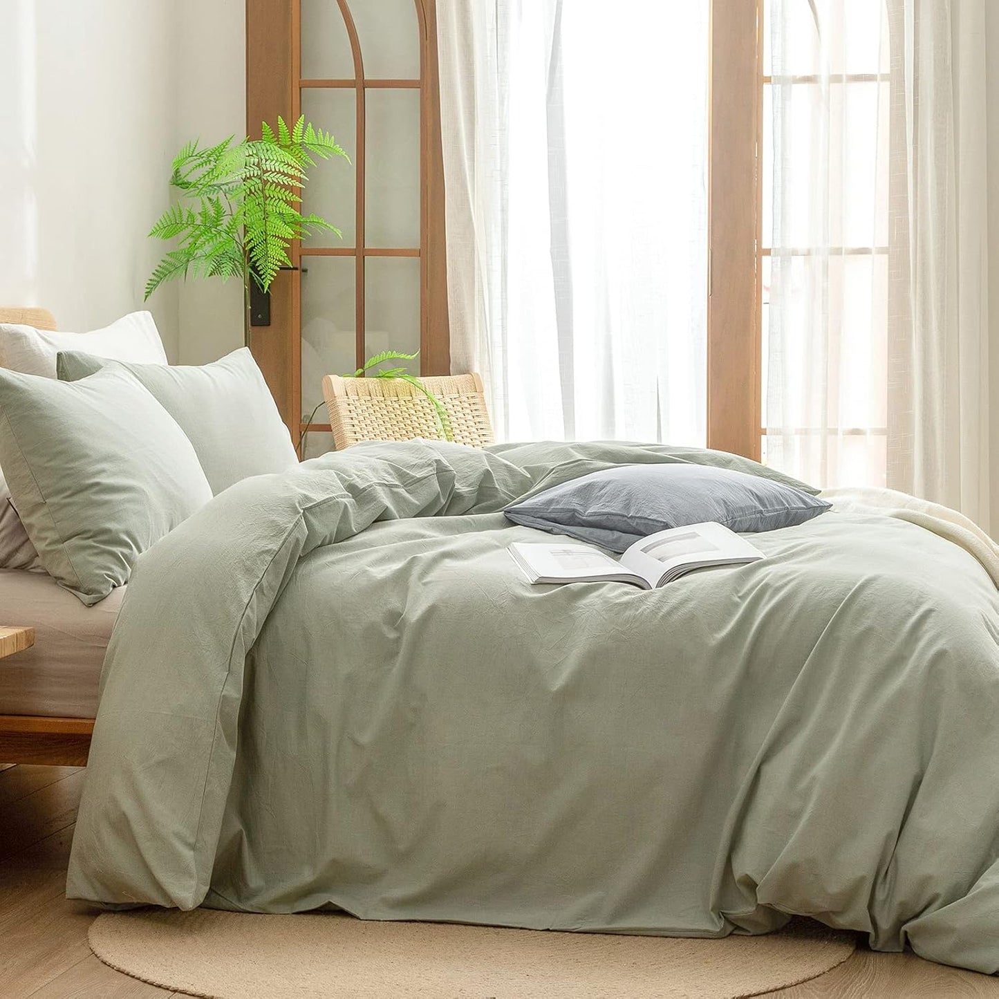 BESTOUCH Duvet Cover Set 100% Washed Cotton Linen Feel Super Soft Comfortable Chic Lightweight 3 PCs Home Bedding Set Solid Sage Green Super King