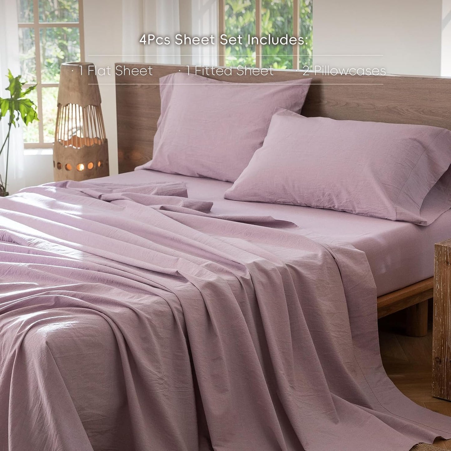 MooMee Bedding Sheet Set 100% Washed Cotton Linen Like Textured Breathable Durable Soft Comfy (Heathered Light Purple, California King)