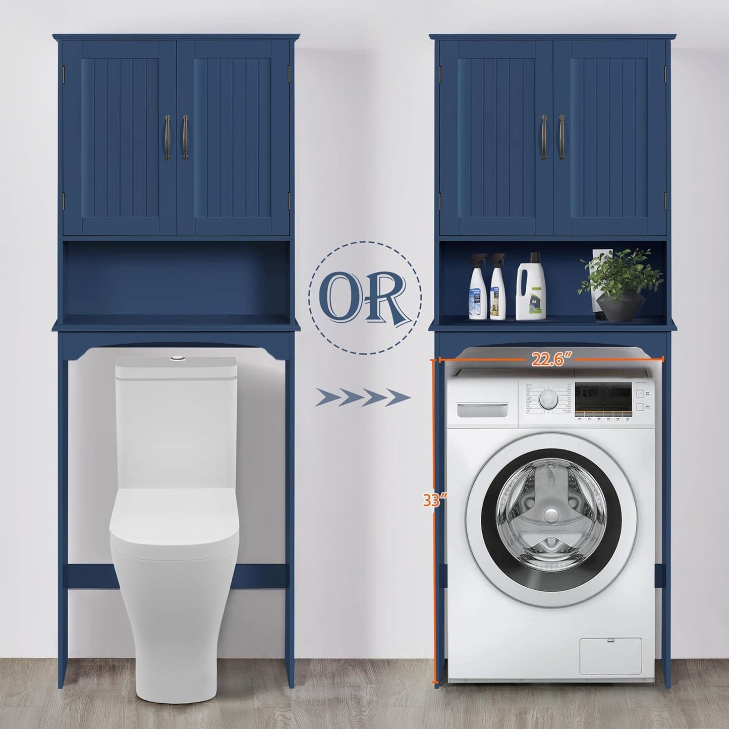 Yaheetech Over The Toilet Storage with 2 Doors & Adjustable Shelf, Free Standing Toilet Rack Wooden Space-Saving Collect Cabinet, Bathroom Furniture, L24.5xW9xH66 in, Navy Blue