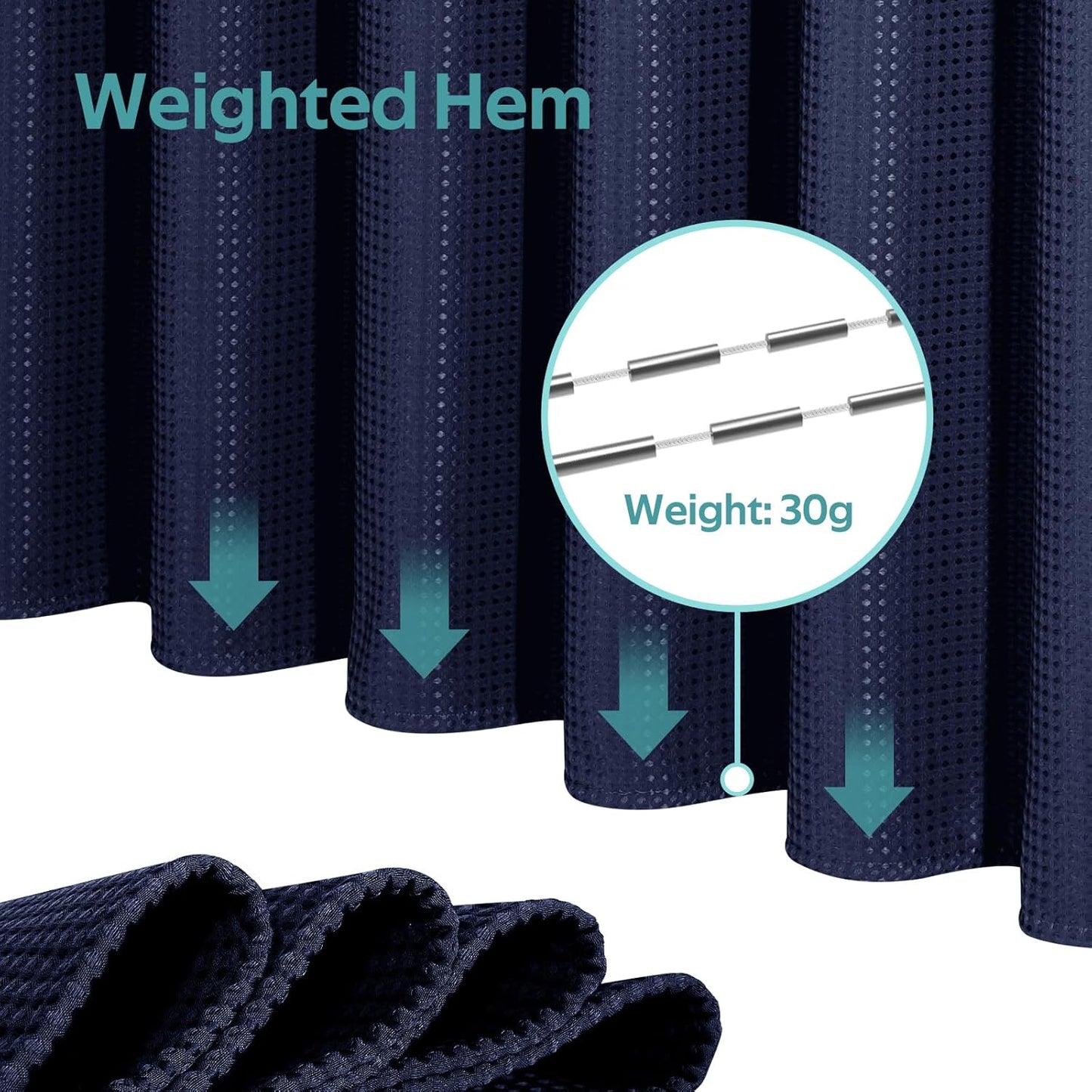 3 in 1 Shower Curtain Set, Waffle Shower Curtain and Liner Set with 12 Double Sided Shower Curtain Hooks, 258GSM Luxury Weighted Cloth Shower Curtains for Bathroom, 72 W x 72 H, Navy Blue