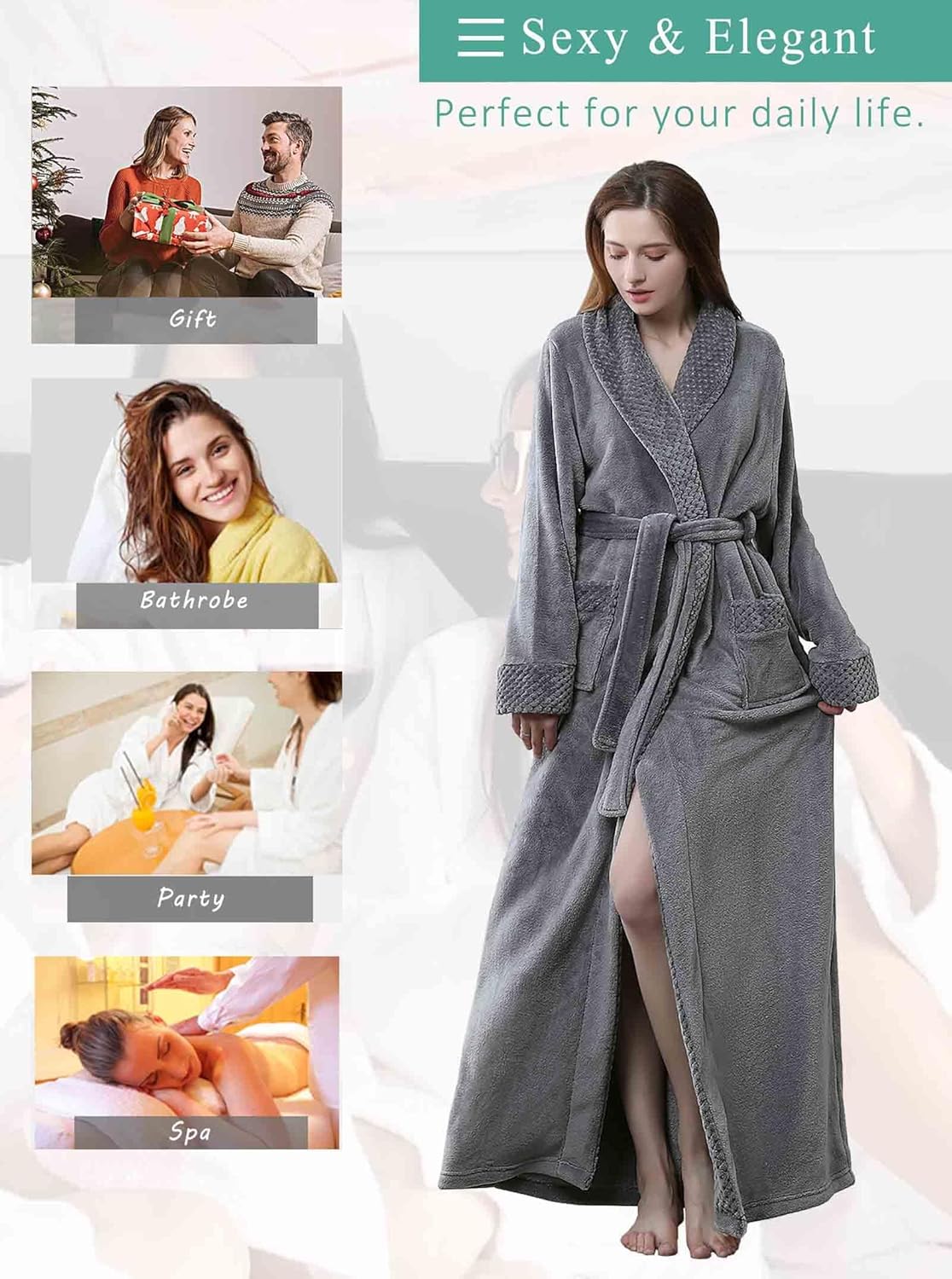 Artfasion Womens Long Fleece Robe - Warm Soft Floor Length Flannel Bathrobes for Winter Thicker Long House Coat with Pockets