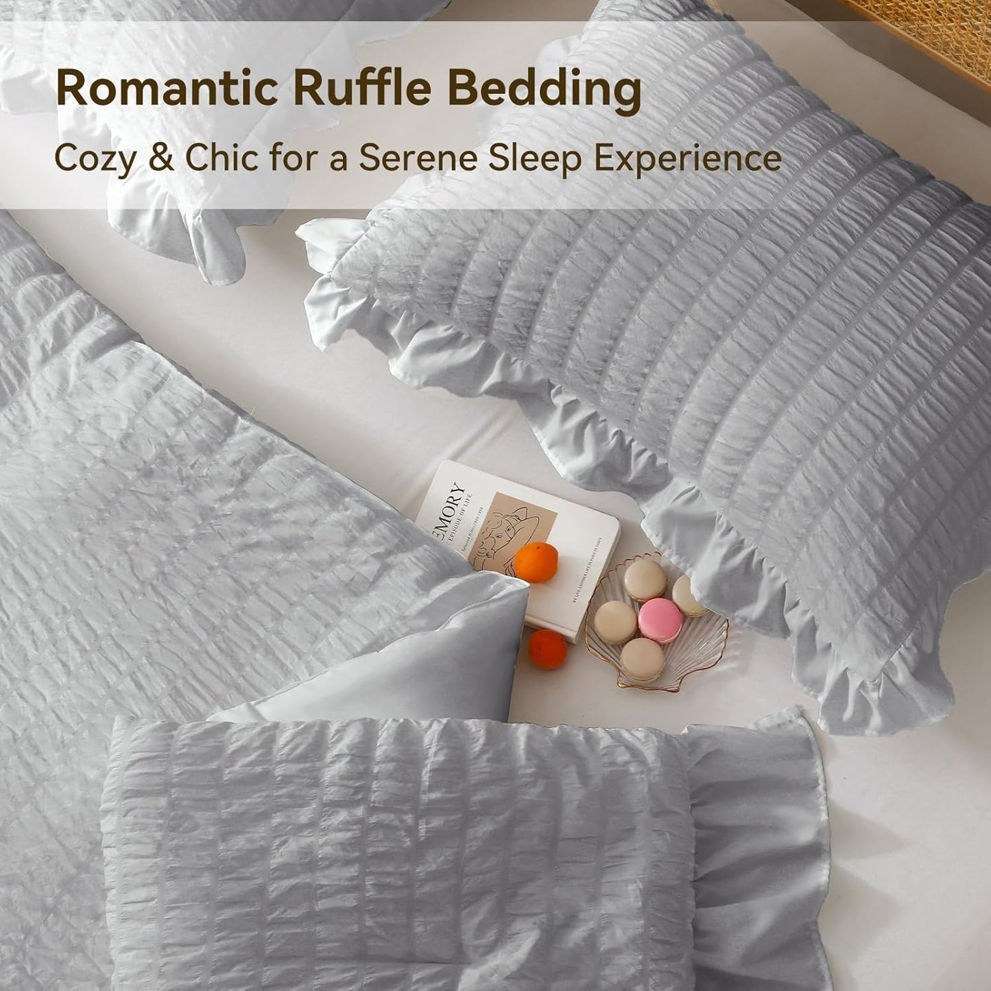 JOLLYVOGUE Light Grey Comforter Full Size, 3 Pieces Seersucker Lightweight Full Size Bedding, All Season Fluffy Microfiber Bedding Comforter Set with 1 Ruffle Comforter and 2 Ruffle Pillowshams