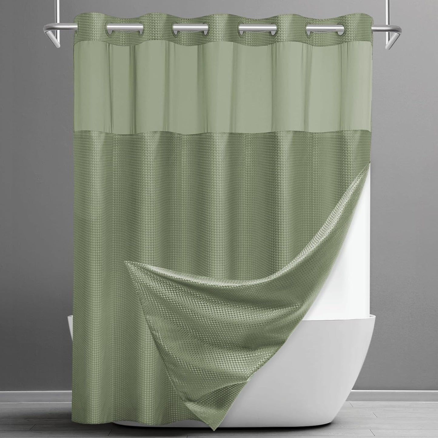 No Hook Shower Curtain with Snap in Liner Set Waffle Shower Curtain for Bathroom Hotel Style Fabric Waterproof Inner Liner，71" W x 86" H, Green