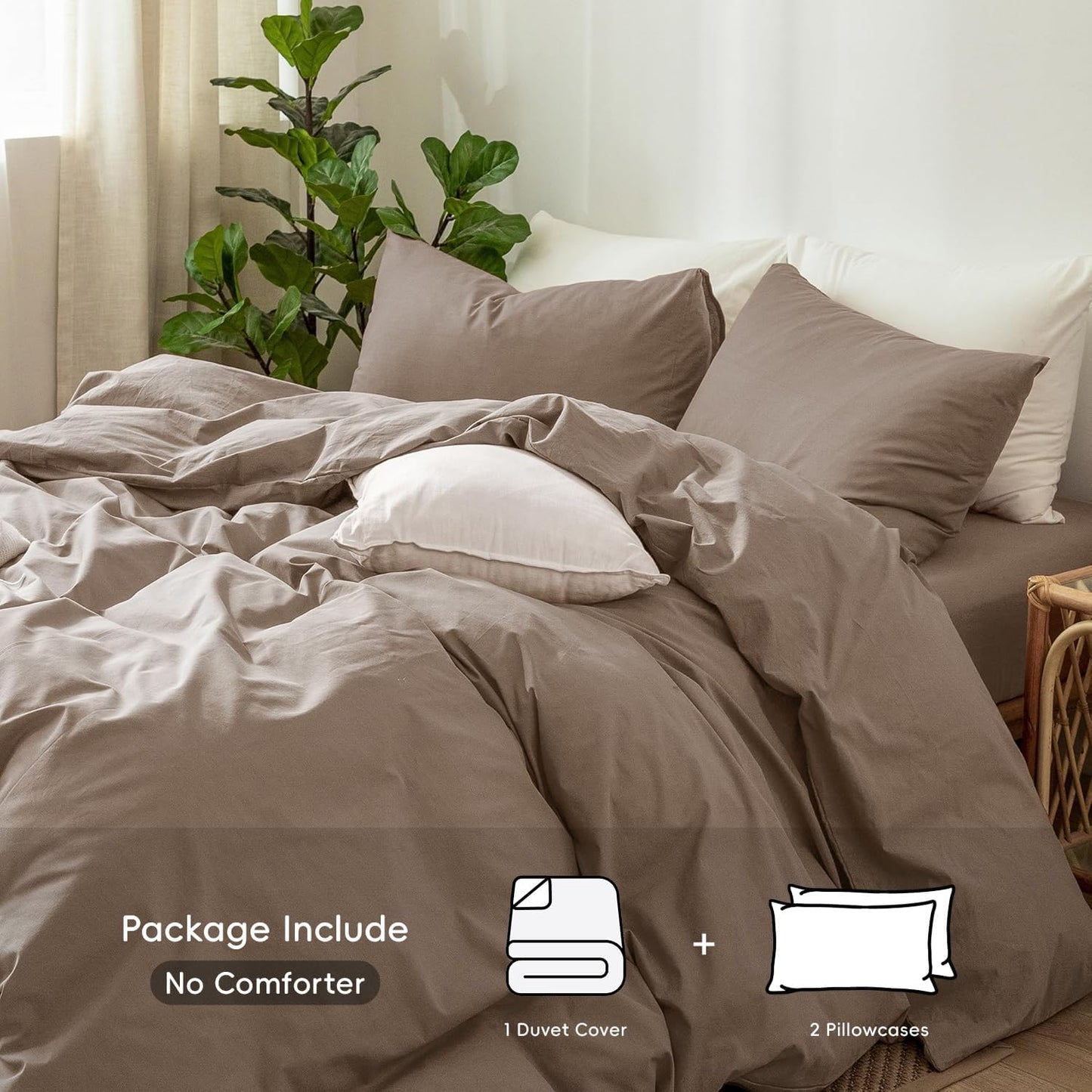 MooMee Bedding Duvet Cover Set 100% Washed Cotton Linen Like Textured Breathable Durable Soft Comfy (Solid Brown, Super King 108"x98")