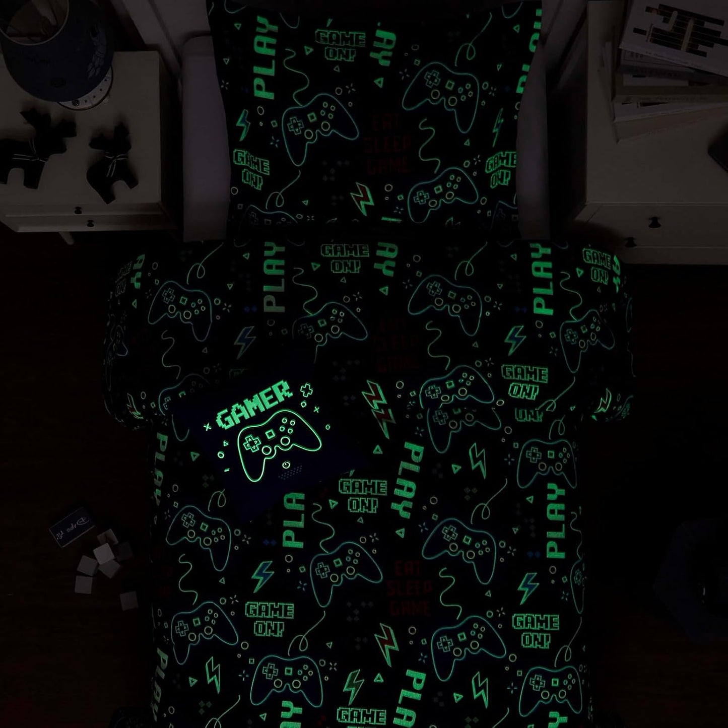Twin Comforter Set for Boys-3 Pieces Gamer Glow in The Dark Twin Bedding Sets for Kids,1 Comforter,1 Sham and 1 Decor Pillow