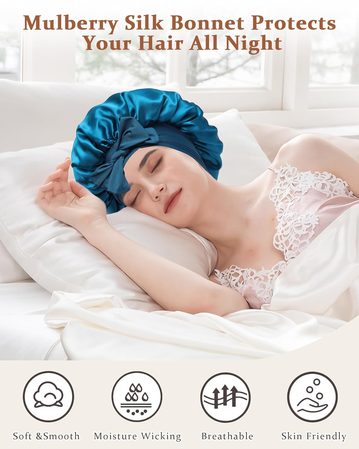 100% Mulberry Silk Bonnet for Sleeping Women Double Layer Silk Hair Bonnet Natural Silk Sleep Cap with Elastic Reversible Hair Wrap (Blue+Gray)