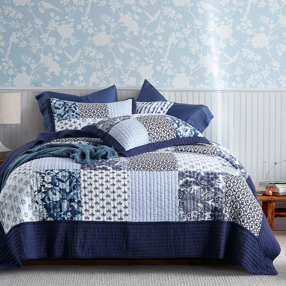 ENASAL Cotton Bedspread Quilt Sets Reversible Bedding Coverlet Sets Luxury Floral White Blue Real Patchwork Bedspread, King Size