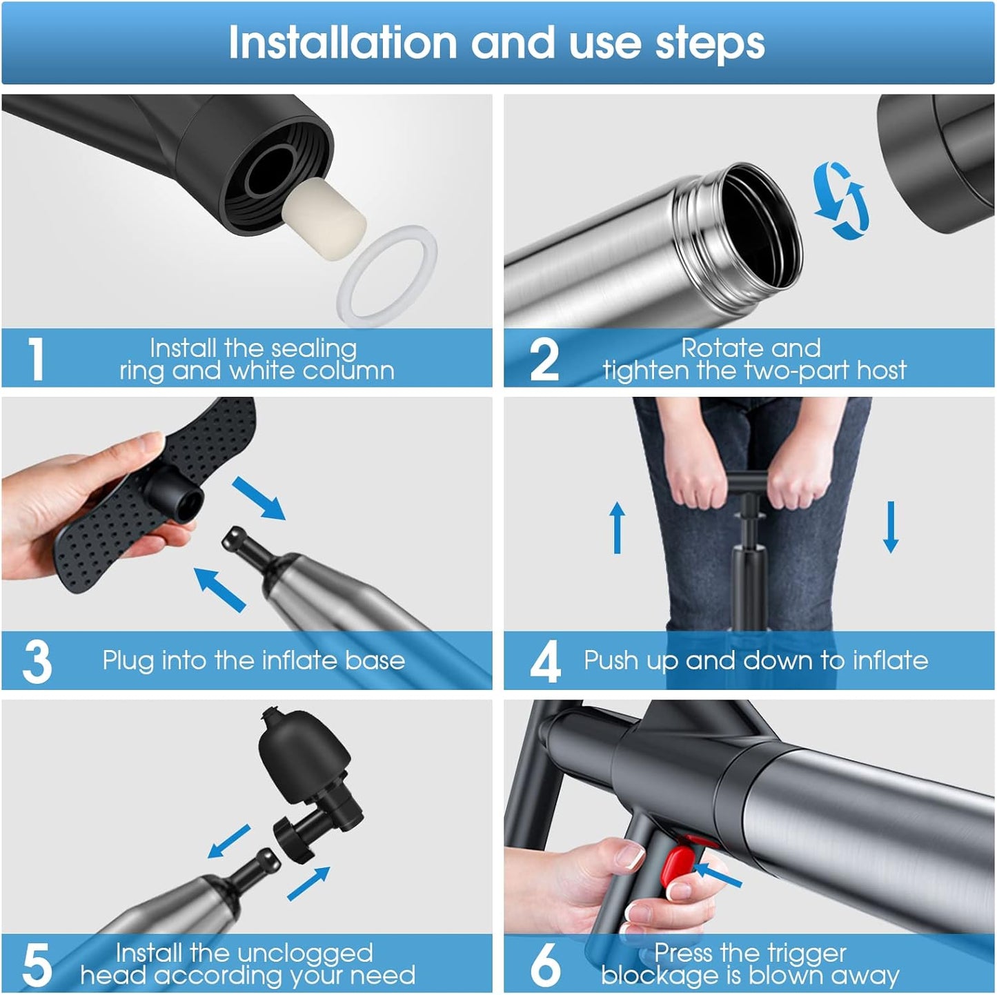 TheElves Toilet Plunger Heavy Duty, Electric High Pressure Toilet Clog Remover Tool, Powerful Bathroom Plunger for Drain Cleaning - Black