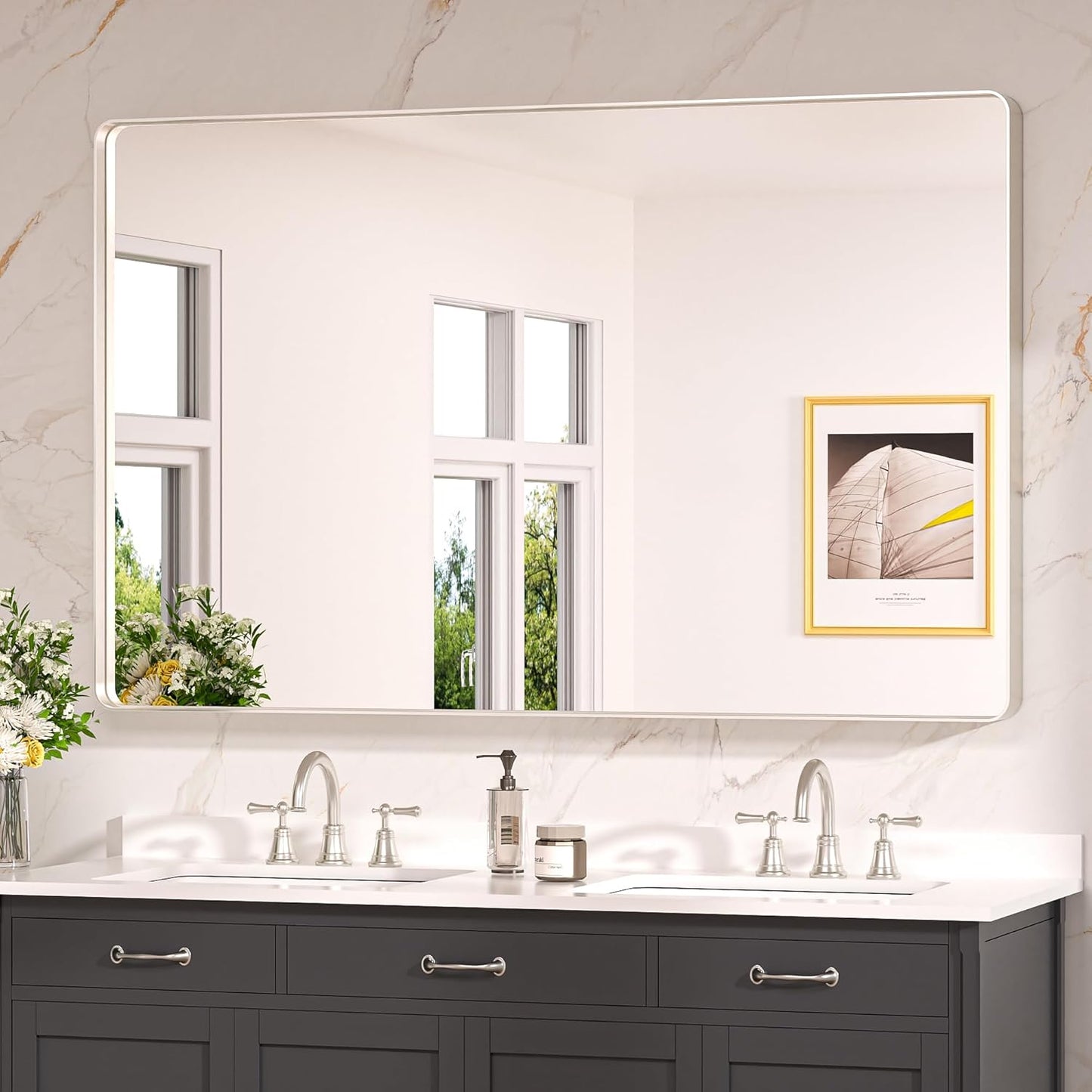 Keonjinn 55 x 36 Brushed Nickel Bathroom Mirrors for Over Sink, Large Rounded Rectangle Bathroom Vanity Mirror, Modern Decorative Silver Mirror, HD Tempered Glass Wall Mirror(Horizontal/Vertical)