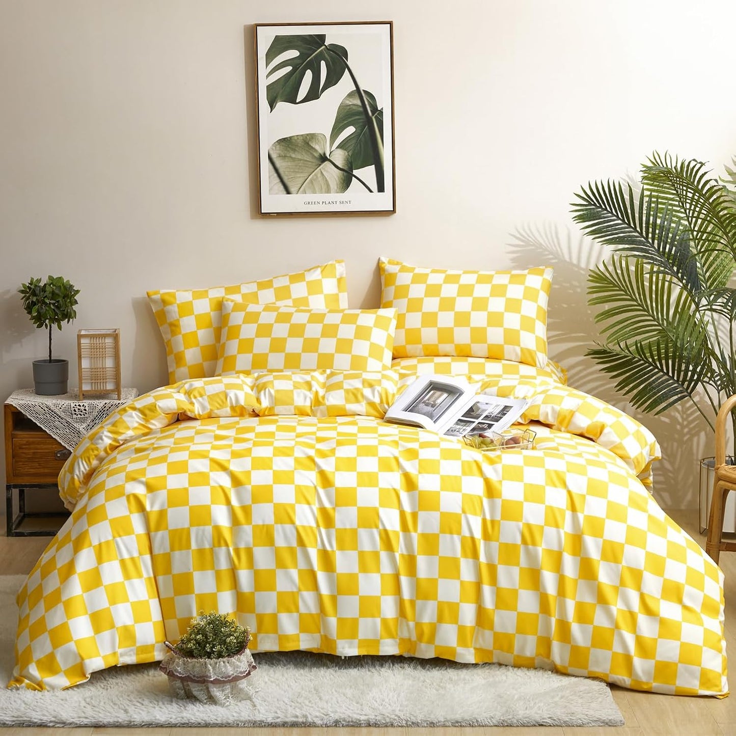KAREVER Yellow White Grid Comforter Set Queen Yellow Plaid Bedding Set Women Yellow and White Checkered Bed Comforter Set Breathable Blanket Set Men Durable Bedding Comforter Set