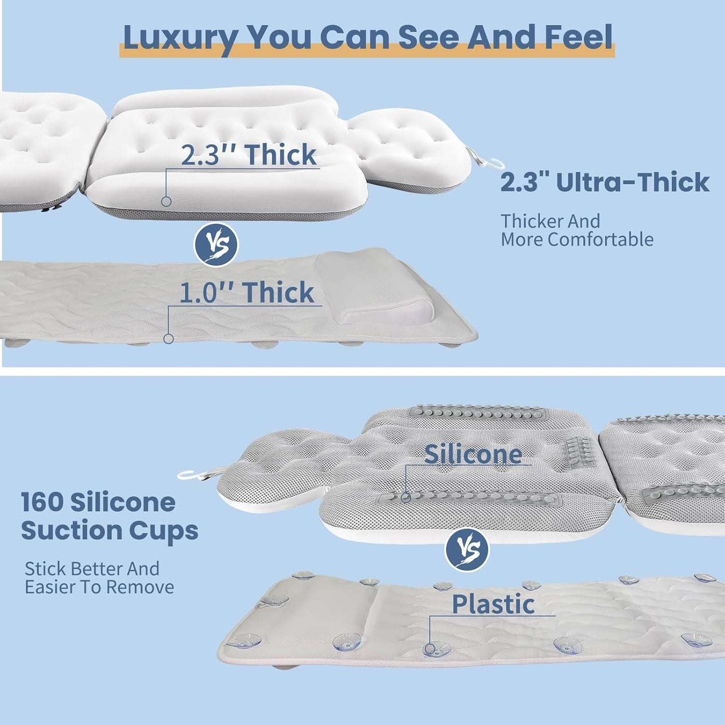 Luxury Bath Cushion, Full Body Bathtub Pillow with 160 Suction Cups, Bath Mat for Head and Neck Support, with Laundry Bag (White, 56.2" x 16.2")