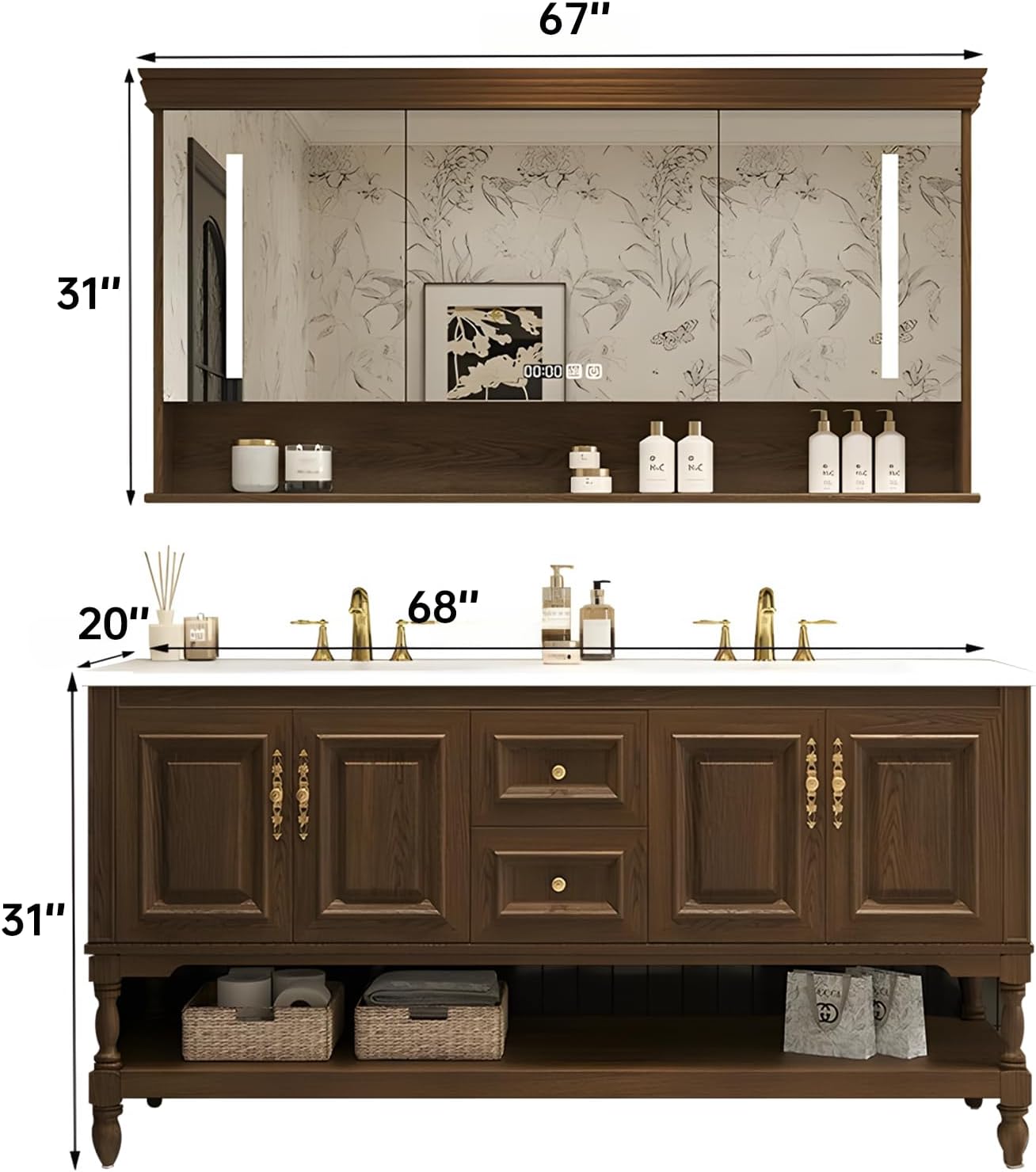 68" Double Bathroom Vanity with Sink,Freestanding Bathroom Vanity Large Storage Cabinet & Open Mirror Cabinet,4 Soft Closing Doors and 2 Drawers Solid Wood Luxury Bathroom Vanities Set,Brown