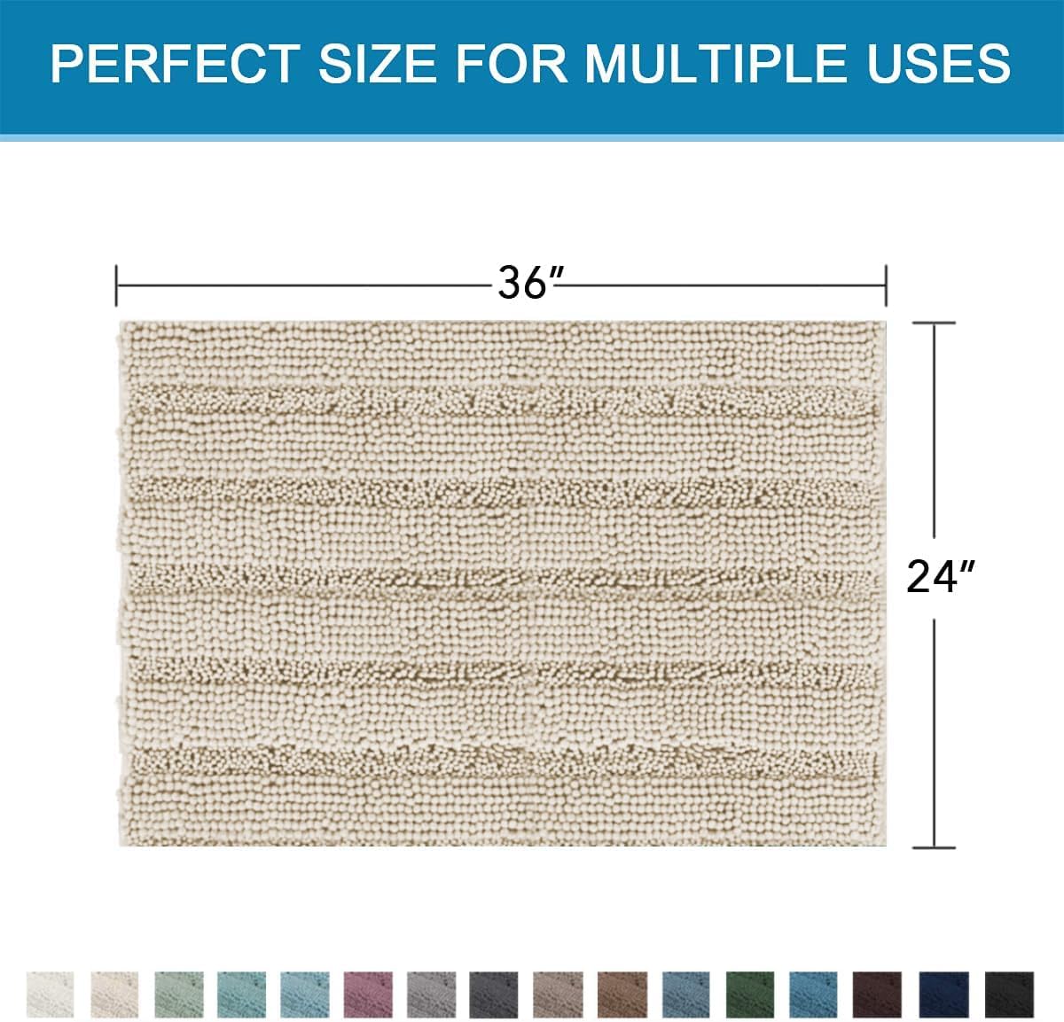 H.VERSAILTEX Bath Mats for Bathroom Non Slip Thick Chenille Striped Bath Rug Absorbent Fluffy Soft Shaggy Rugs Washable Dry Fast Plush Mats for Indoor, Bath Room, Tub - 24" x 36", Fog