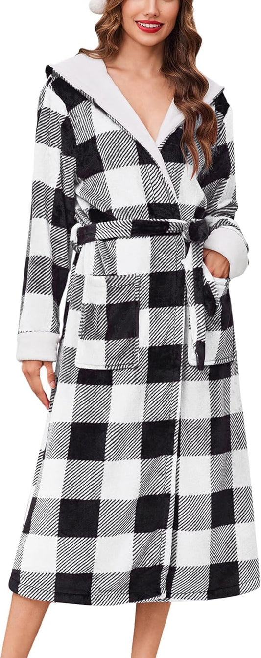 Ekouaer Womens Plush Robes Long Soft Jacquard Fluffy Bathrobe Hooded Robe Sleepwear with Pockets
