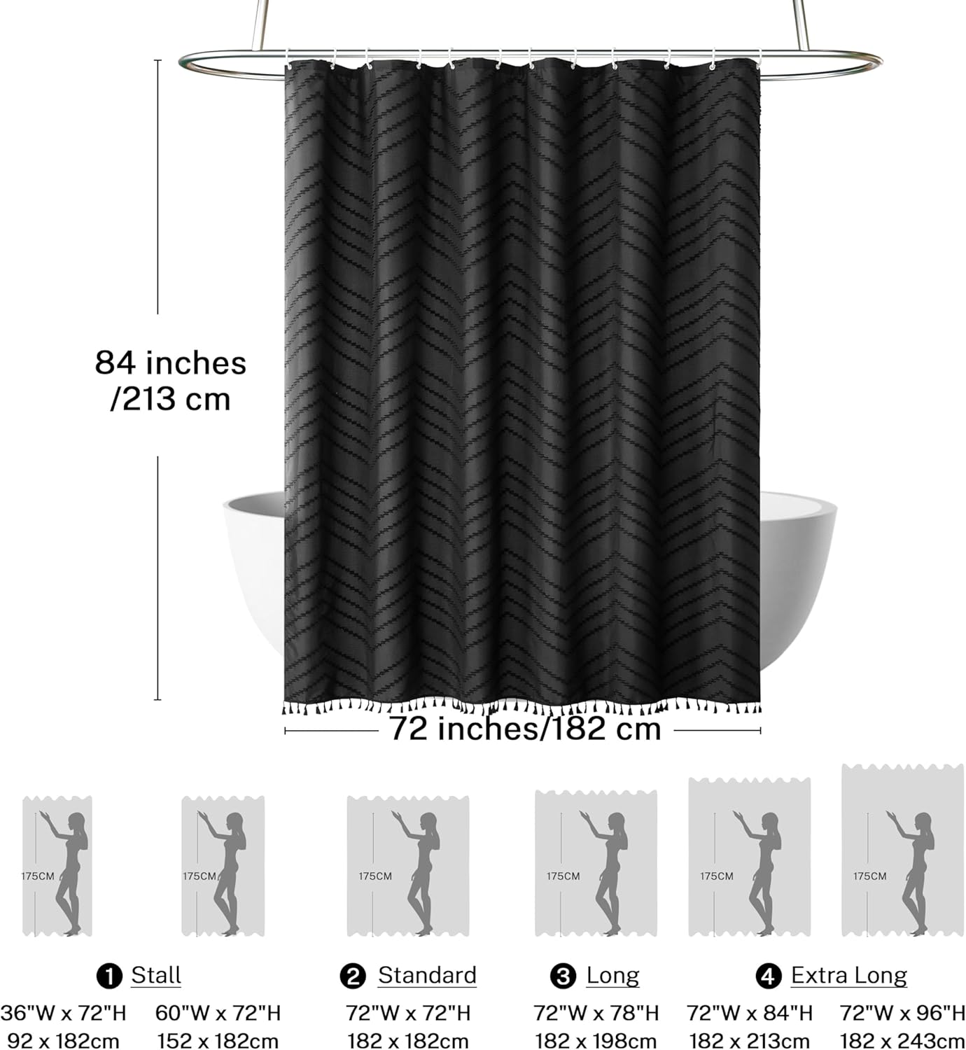 Extra Long Shower Curtains 72 x 84 Inch Shower Curtain Black Tufted Chevron Striped Fabric Shower Curtains for Bathroom Modern Shabby Chic Waterproof Cloth Shower Curtain