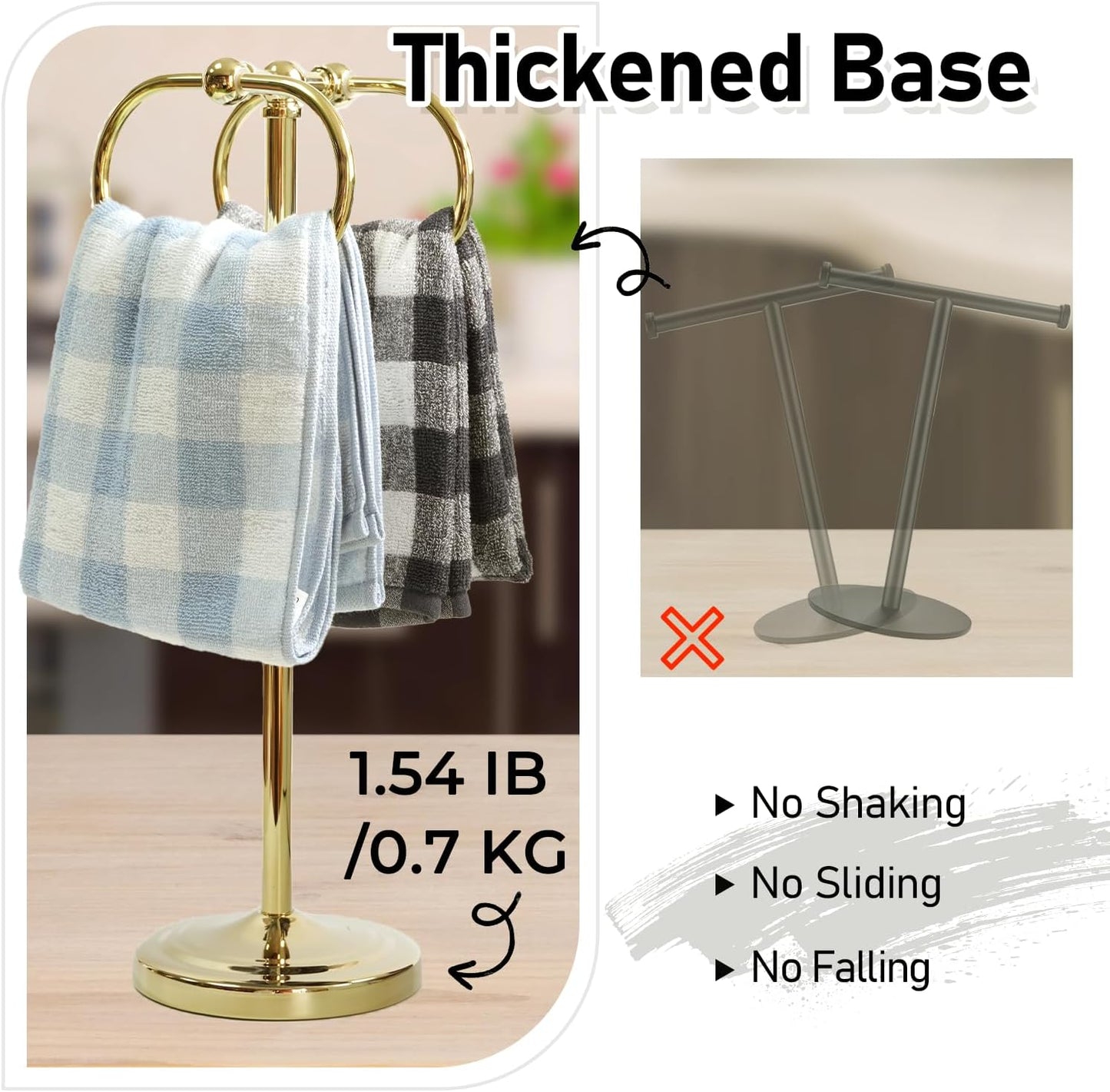 17 Inch Stainless Steel Hand Towel Holder Double Stand Hand Towel Ring for Washcloths or dishcloths Non-Slip Base Free Standing Towel Rack for Bathroom Kitchen (Gold)