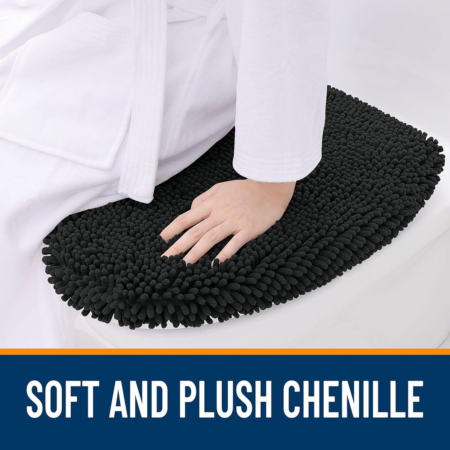 OLANLY Soft Chenille Bathroom Toilet Lid Cover, Machine Washable Seat Covers, 17.5x15, Stays in Place Rubber Backing, Fits Most Round, Elongated and Oblong Lids, Accessories Decor, Black