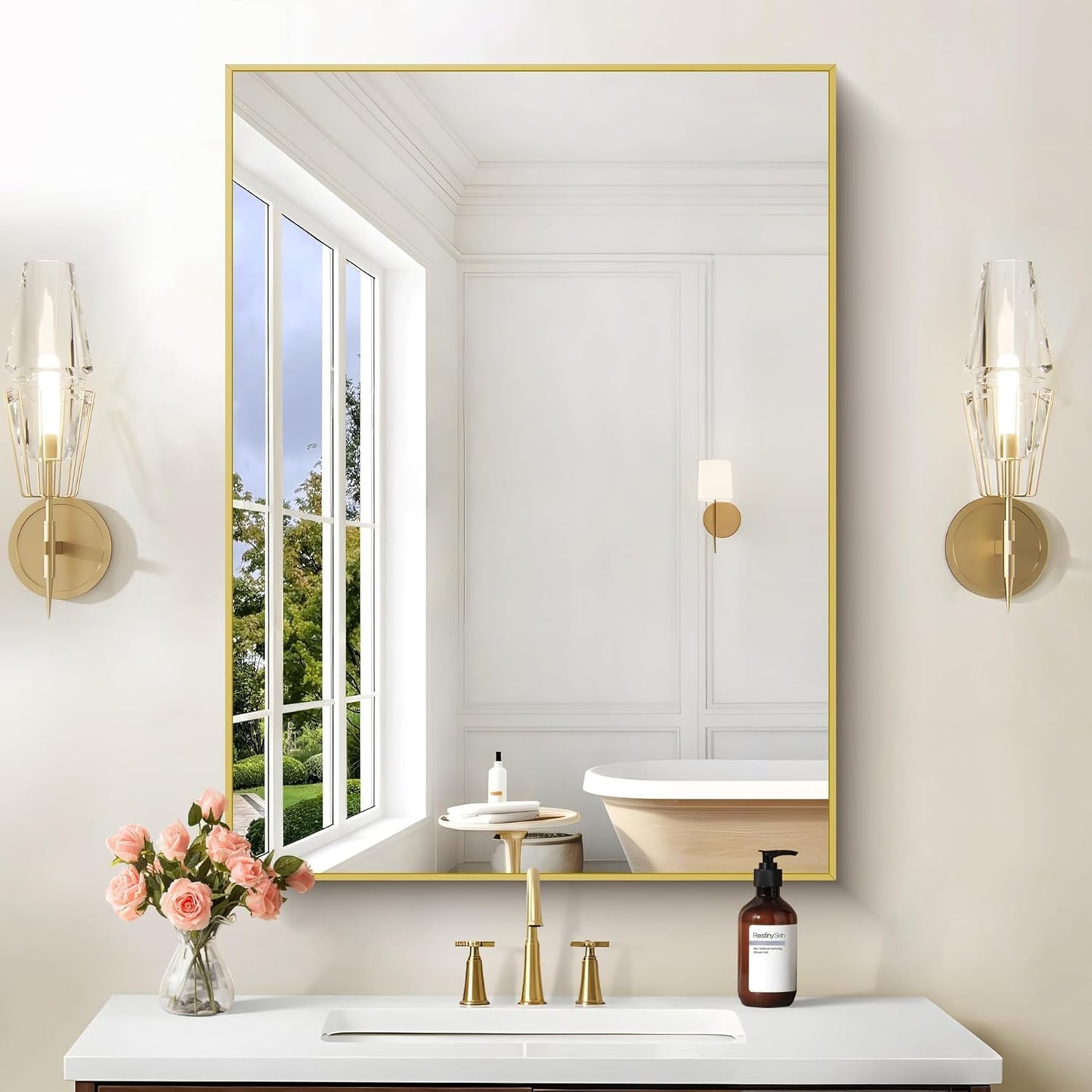 30x40In Gold Bathroom Mirror for Wall, Brushed Gold Rectangle Mirrors with Metal Frame, Bathroom Rectangular Mirror Modern Wall Mirror for Bedroom Living Room, Hangs Horizontal or Vertical