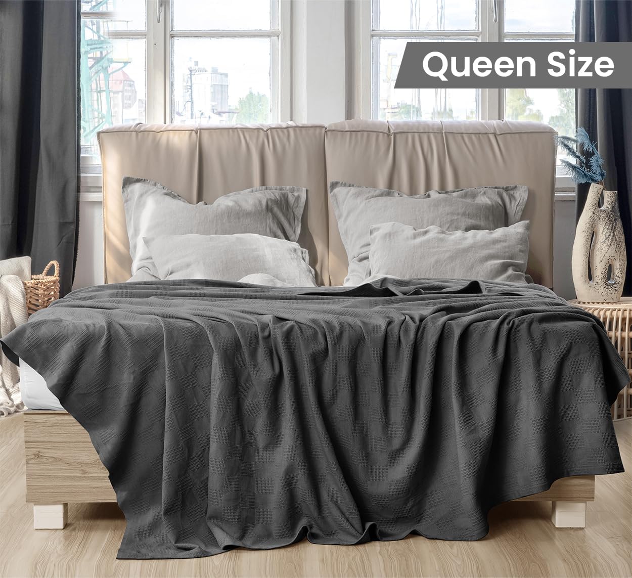 Utopia Bedding Smoke Gray 100% Cotton Blanket [Queen Size - 90x90 Inch] 350GSM Lightweight, Soft and Breathable Thermal Blanket for All Seasons