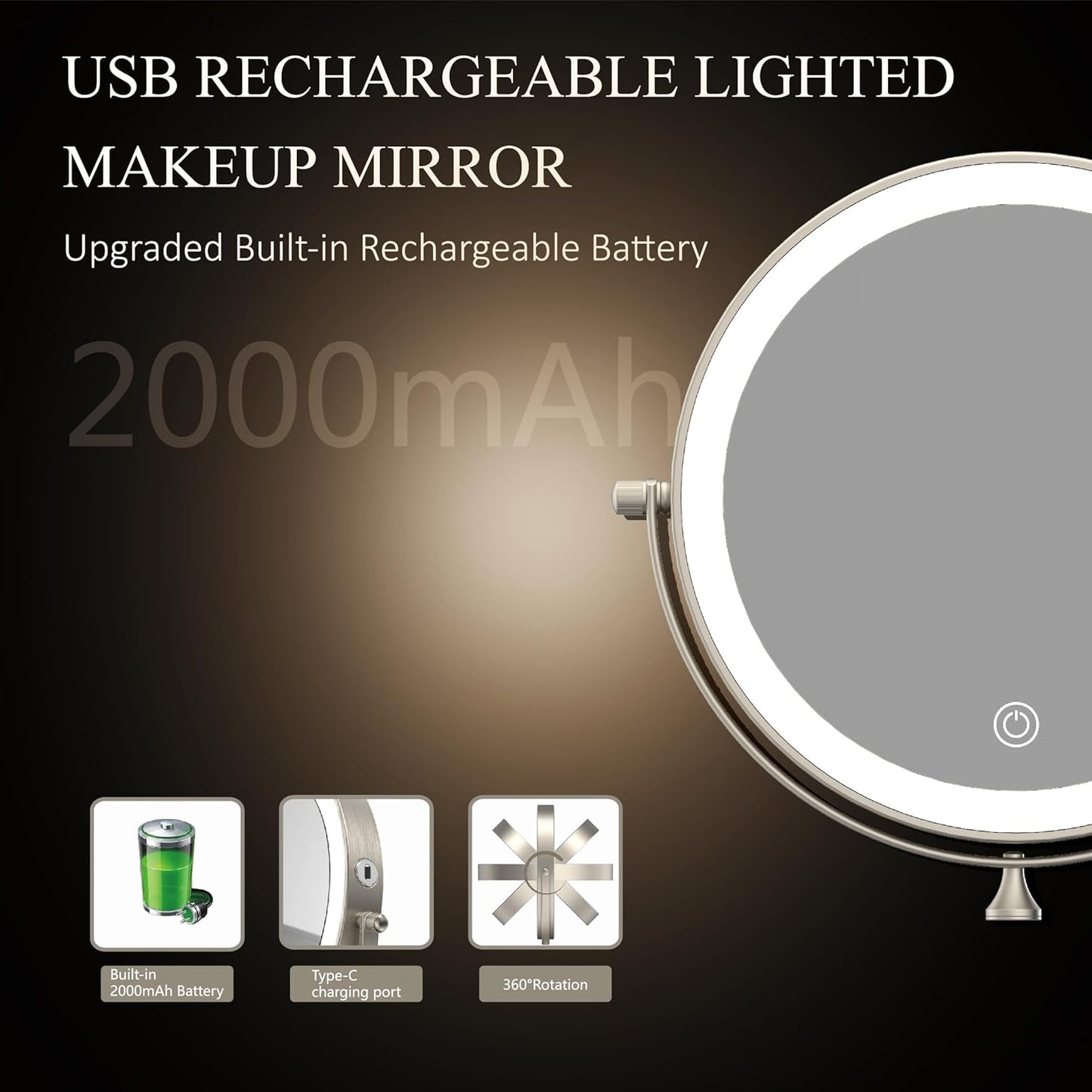 Rechargeable Wall Mounted Lighted Makeup Vanity Mirror 8 Inch Double Sided 1X 10X Magnifying Bathroom Mirror, 3 Color Lighting, Touch Screen Dimming, 360 Rotation Shaving Mirror