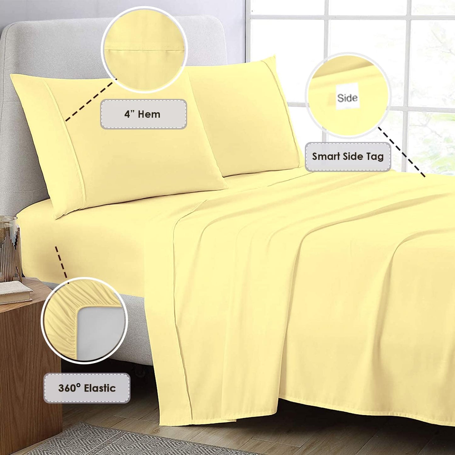 Pizuna Pure 100% Cotton Sheets King Size, 800 Thread Count Long Staple Cotton Crisp Sateen Sheets King with 15inch Deep Pocket (Combed Mellow Yellow Cotton Sheets King)