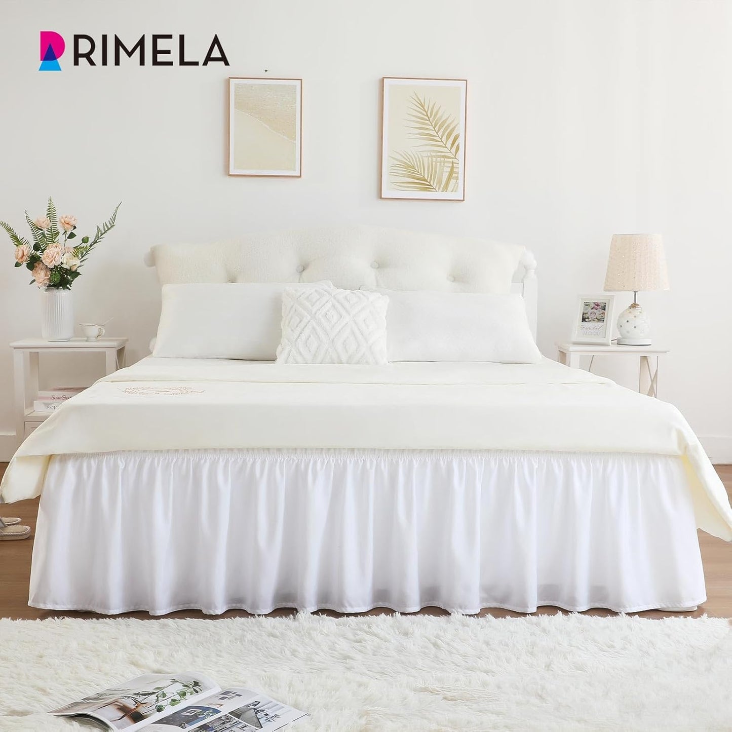 RIMELA White Bed Skirt King Size 18 Inch Drop, Elastic Bed Skirting for Bed Base and Frame, Bedding Dust Ruffle Easy to Install, Lightweight Wrap Around Adjustable Bedskirt