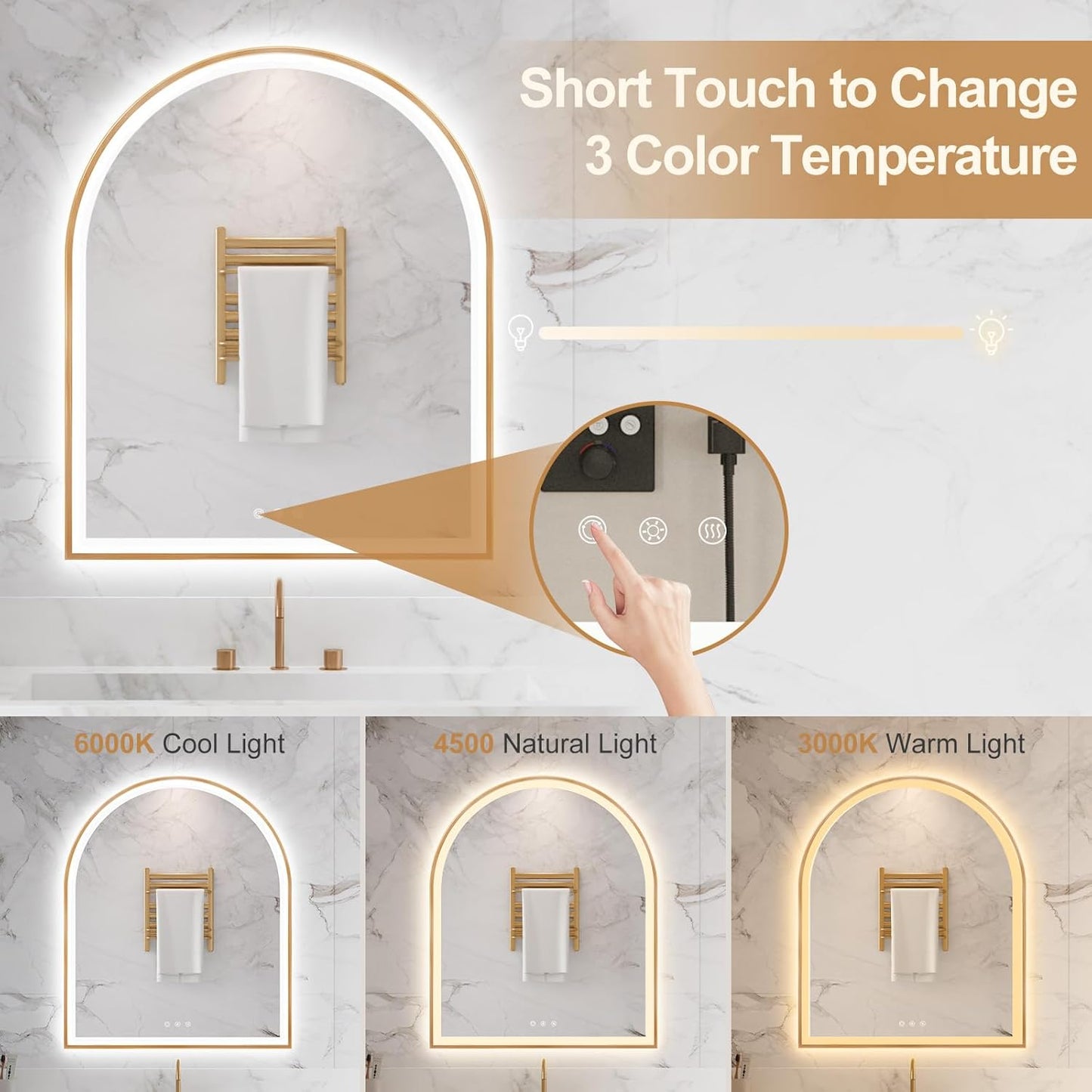 Arched LED Mirror for Bathroom 30"x36", Orange Gold LED Bathroom Mirror with Lights-Fogless, Dimmable, 3 Color Changing, Shatterproof, Touch Sensor