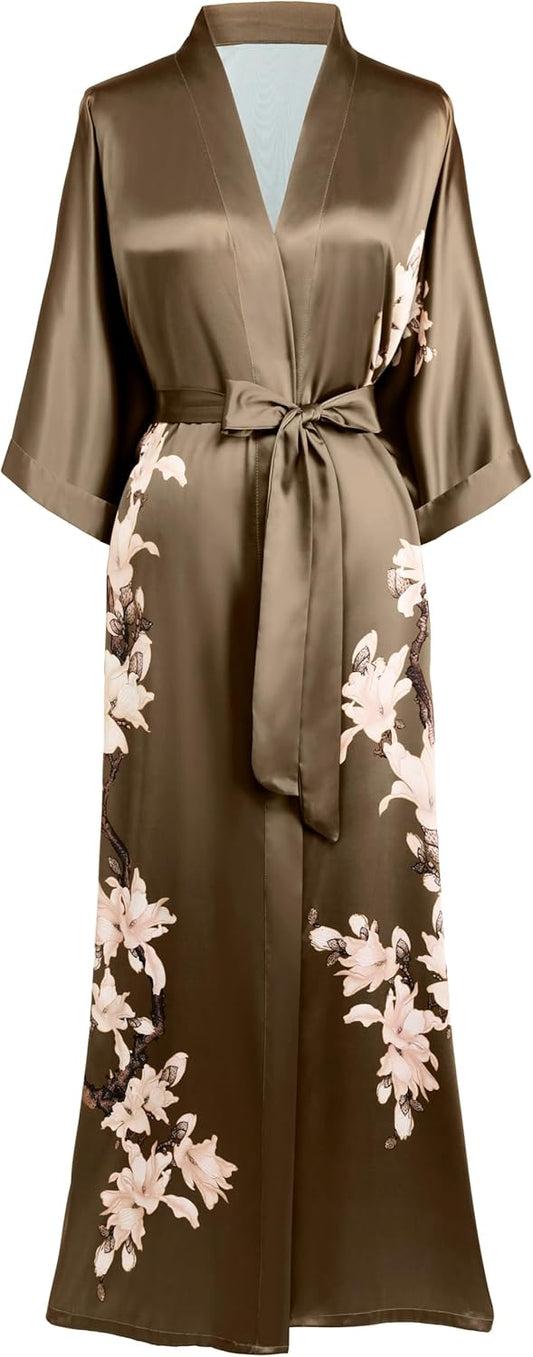 BABEYOND Kimono Robe Cover up with Box Long Floral Satin Sleepwear Silky Bathrobe Bachelorette Robe