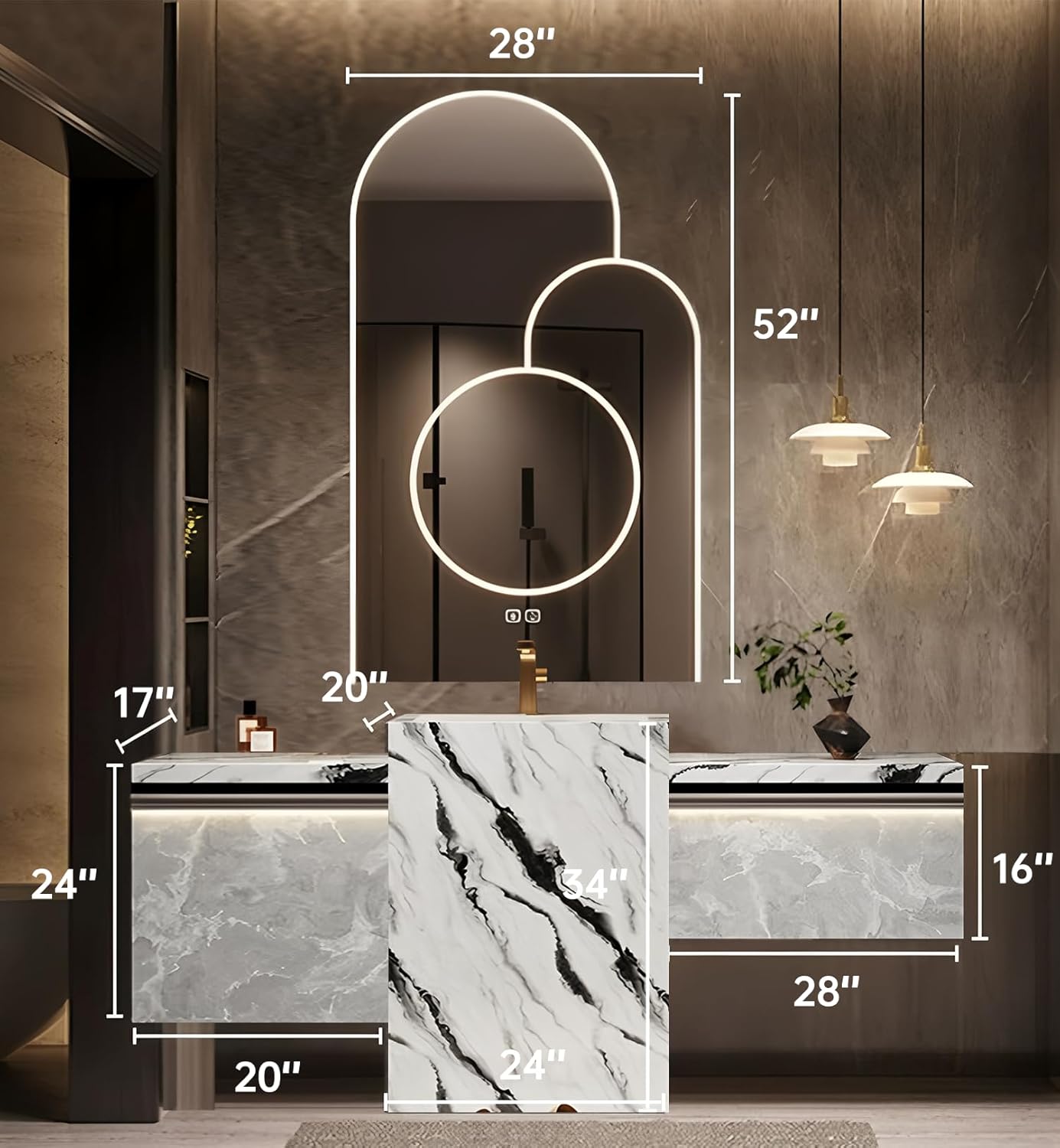 Single Sink Freestanding Bath Vanity, Modern Bath Vanity with LED Smart Mirror, 72IN Solid Wood Floating Bathroom Sink Cabinet with Marble Slate Top and Large Storage Drawer