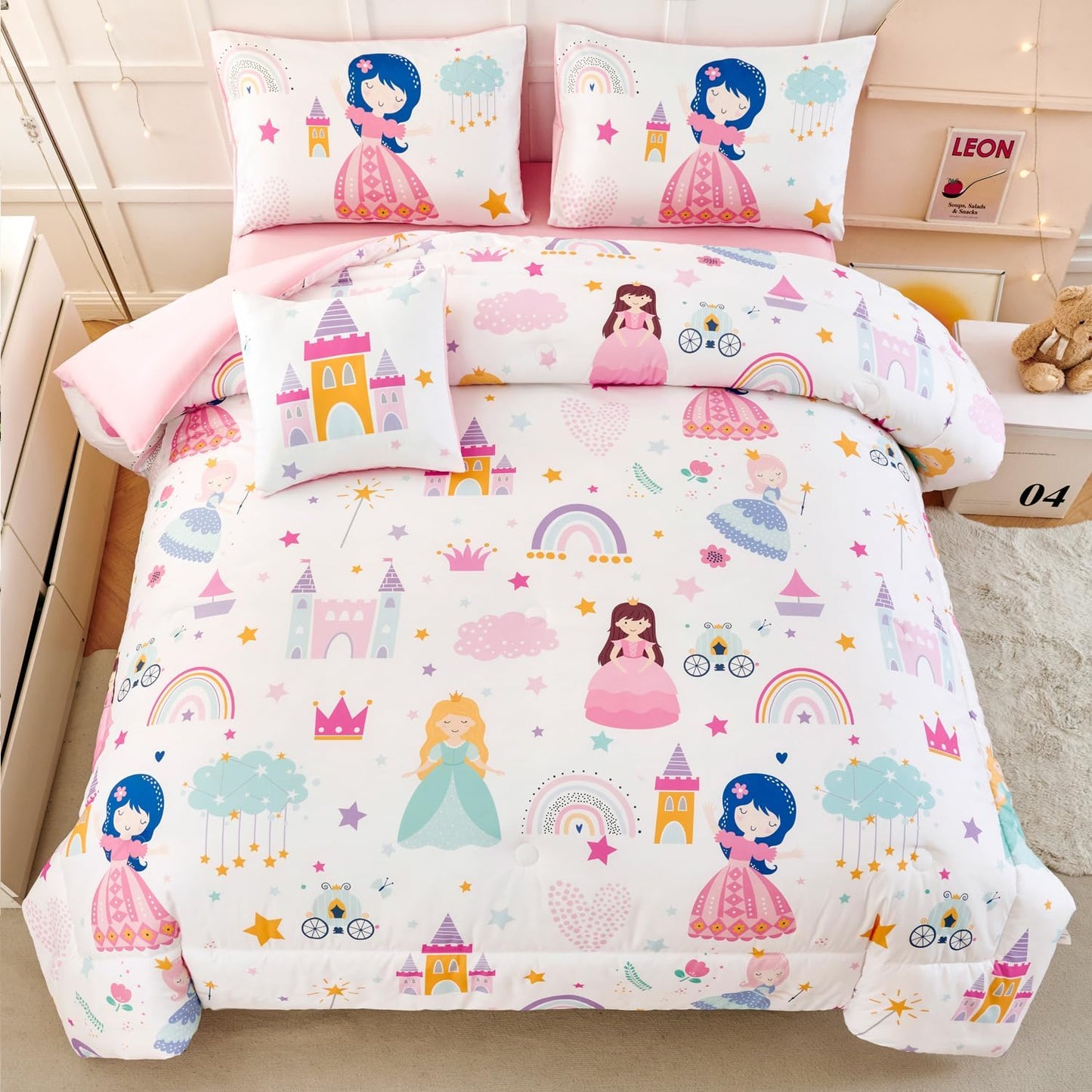 ANGIYUIN Princess Fairy Tales Twin Size Comforter Set for Girls Cartoon Rainbow Love Kids Bed in A Bag with Sheets Cute and Soft Bedding Set for All Season(Princess, Rainbow, Castel, White)