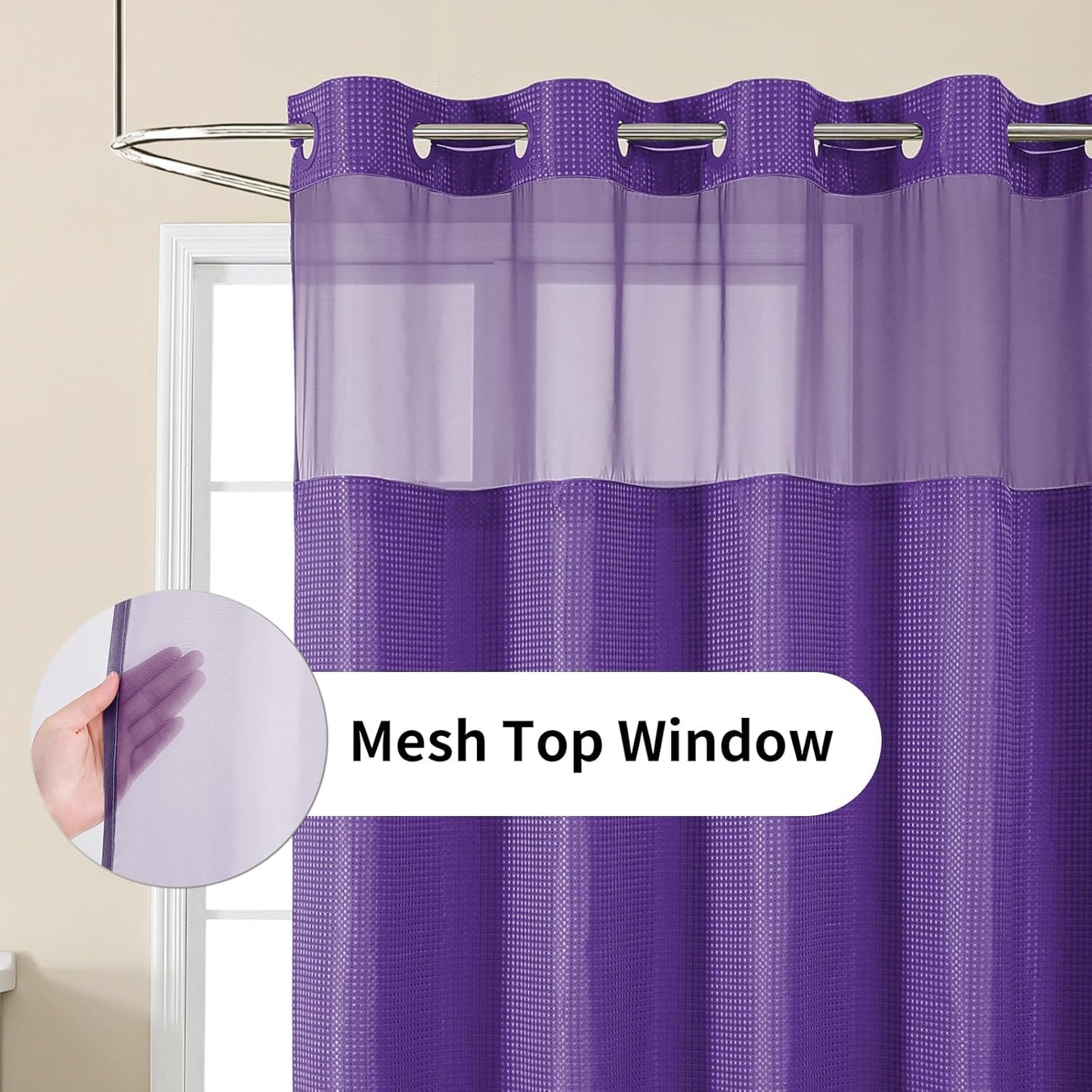 Colorful Star No Hook Shower Curtain with Snap in Fabric Liner, Waffle Weave Heavy Duty Thick Shower Curtains with Mesh Top Window, Hotel Style Waterproof Bathroom Curtain Set, 72 x 75 Inch, Purple