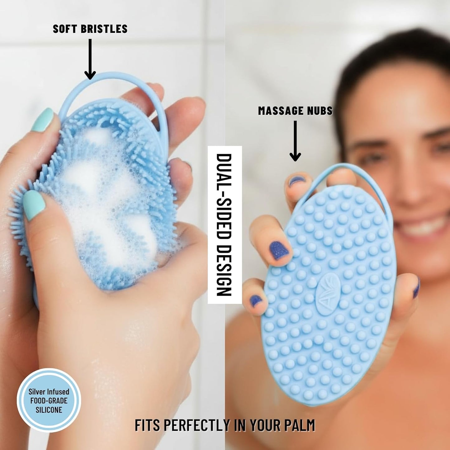 Silver Infused Silicone Body Scrubber Shower - Gentle Back Scrubber Soft Bristles - Avilana Premium Dual Sided Bath Brush Massage - Advanced Material Loofah Alternative - Gift Women Men