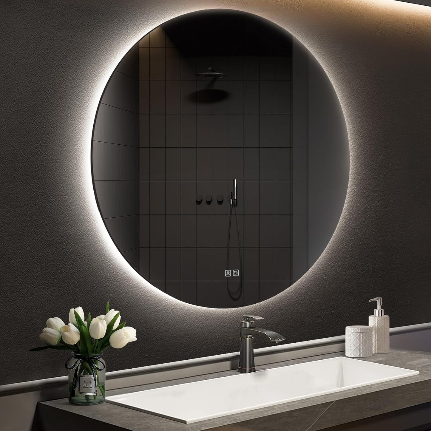 APRILSOUL 44 Inch Round LED Backlit Bathroom Mirror, Vanity Mirror with Anti-Fog, Touch Button, 3 Colors and Dimmable Light