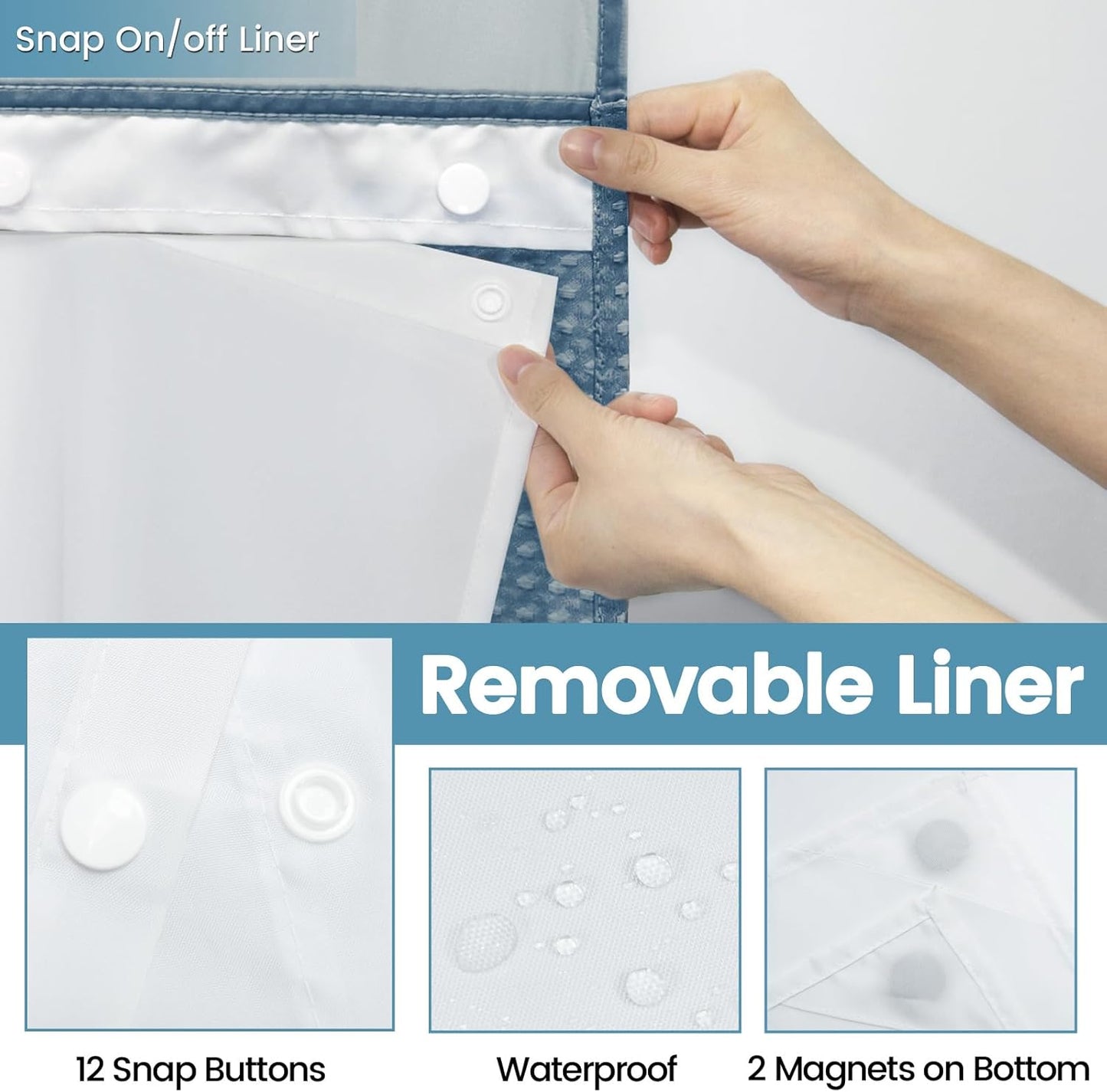 Moonlight Blue Long No Hook Shower Curtain with Snap in Liner,230GSM Waffle Weave Shower Curtains for Bathroom,71W x 86H