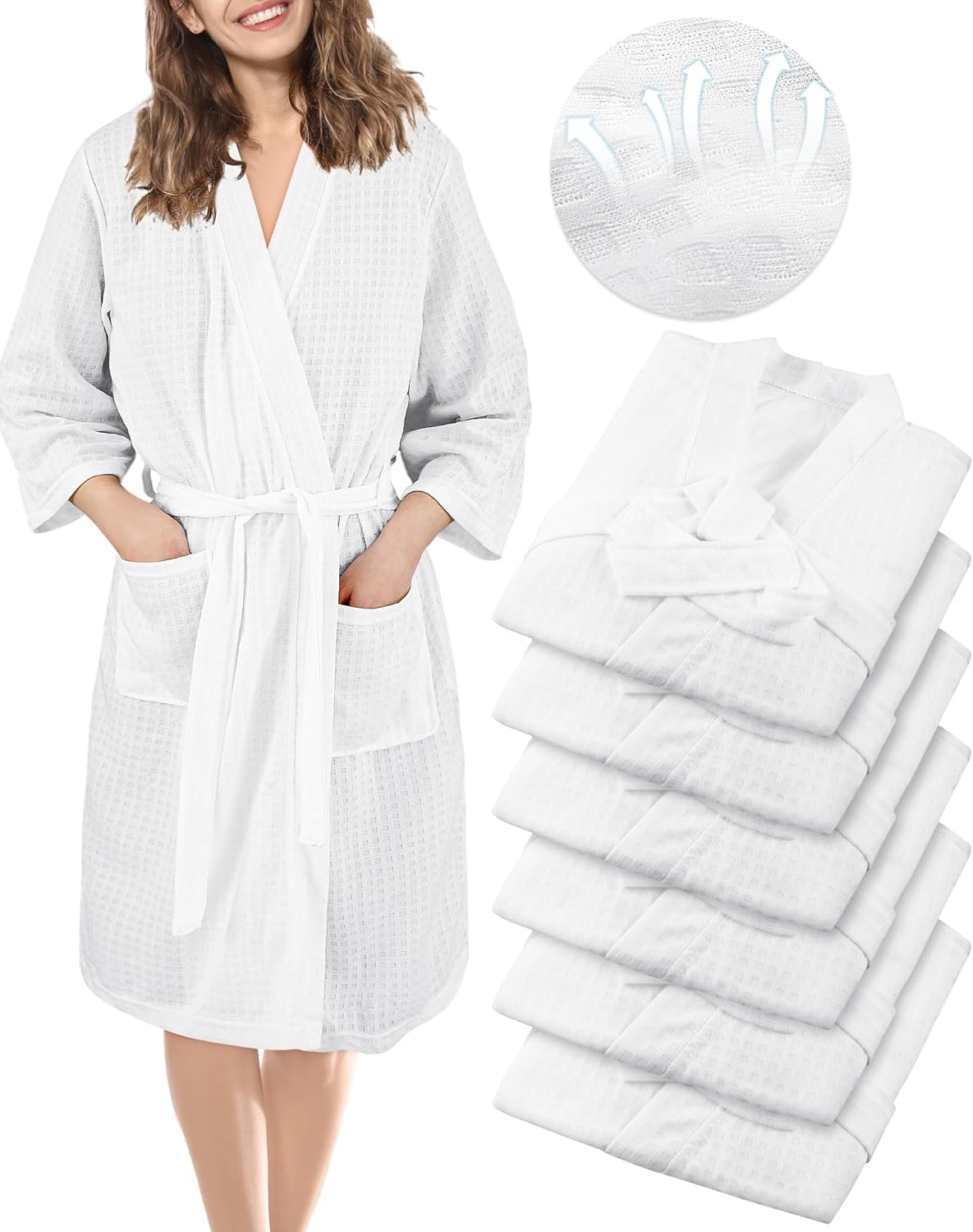 6 Pcs Women's Waffle Robes Spa Bath Robe Bulk Commercial Lightweight Thin Soft for Shower House Party