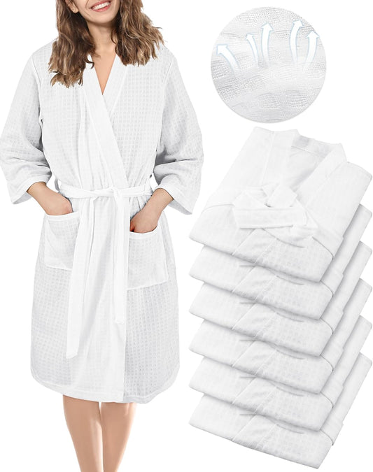 6 Pcs Women's Waffle Robes Spa Bath Robe Bulk Commercial Lightweight Thin Soft for Shower House Party