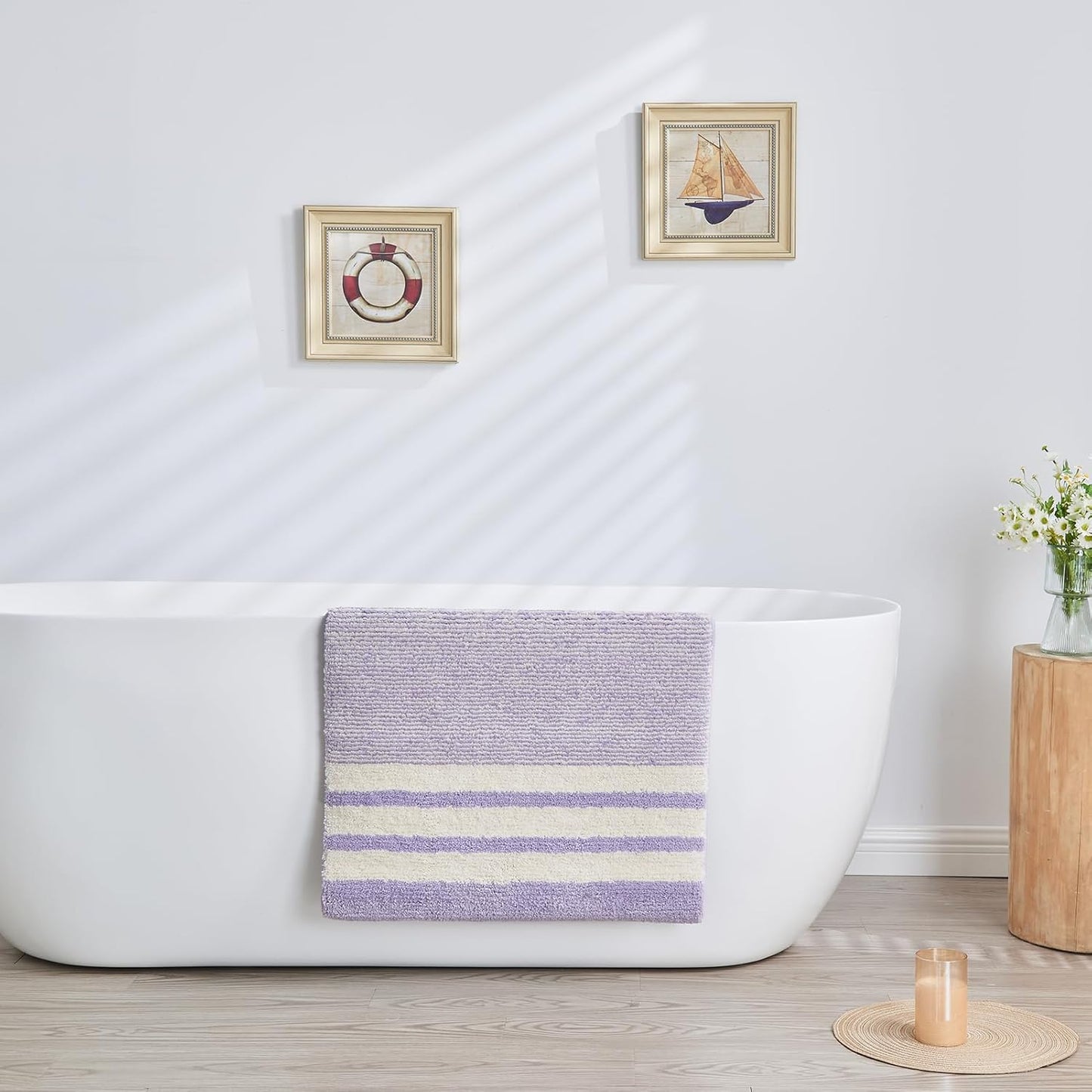 CozeCube Bath mats for Bathroom Non Slip, Fluffy Absorbent Microfiber Bath mat Washable, Aesthetic Bathroom Rugs, Large Purple Striped Bath mat, Lavender, 36" x 24"