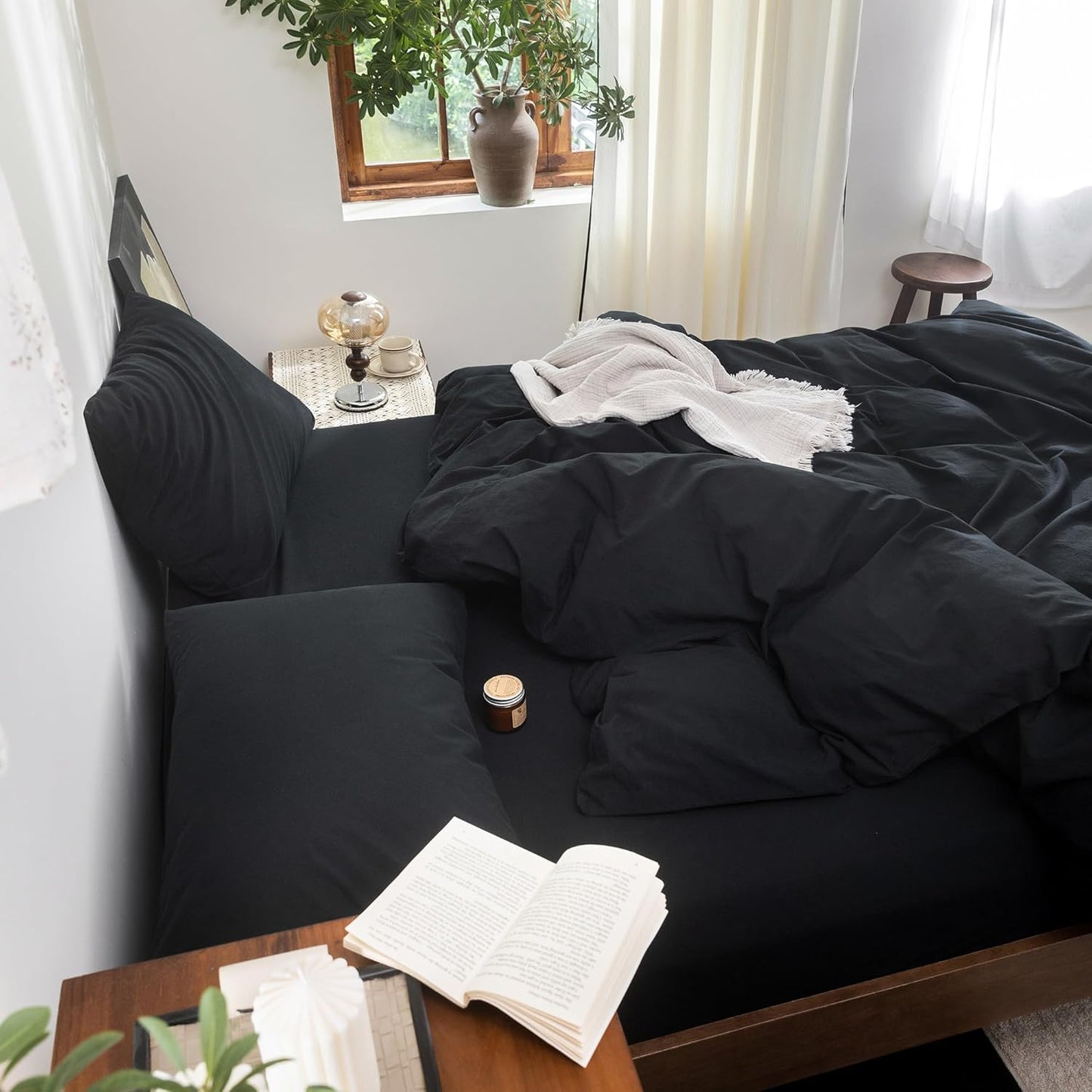 FOSSA Duvet Cover Set 100% Washed Cotton Linen Feel Super Soft Breathable Cozy 3 Pieces Bedding Sets Solid Black Oversized King