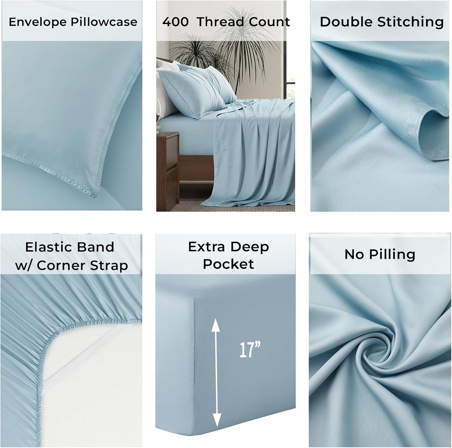 Luxury Bamboo Market | King Size Bed Sheet Set | 100% Viscose Made from Bamboo | Organically Grown | Ultra Soft | Cooling Sheets for Hot Sleepers | 17" Deep Pocket [Spa Blue]