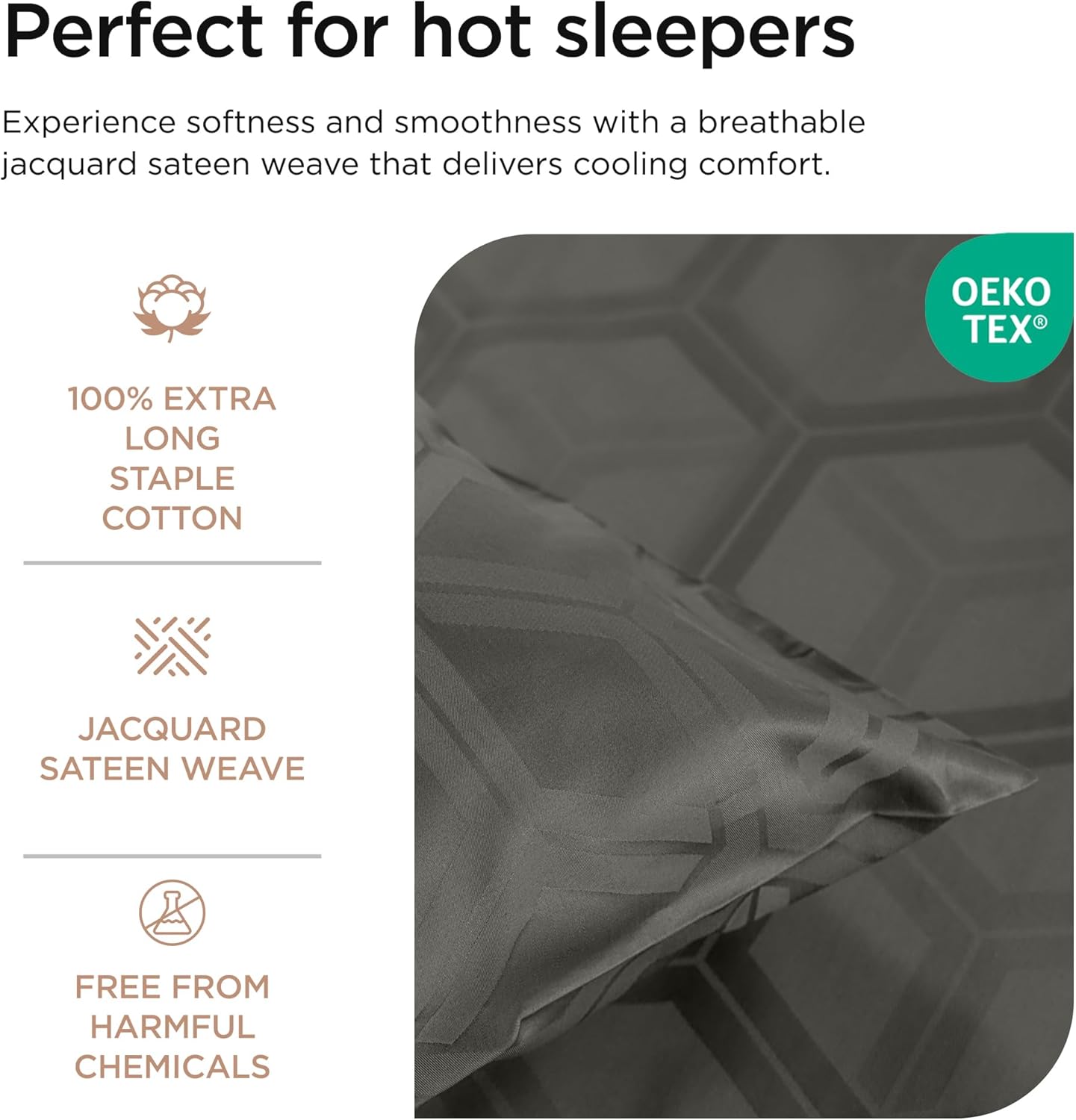 Threadmill 100% Cotton Sheets for King Size Bed - 600 Thread Count King Bed Sheets Set with 16” Deep Pocket - Jacquard Sateen Weave 4-Piece Bedding Set with Cooling Effect, Dark Grey