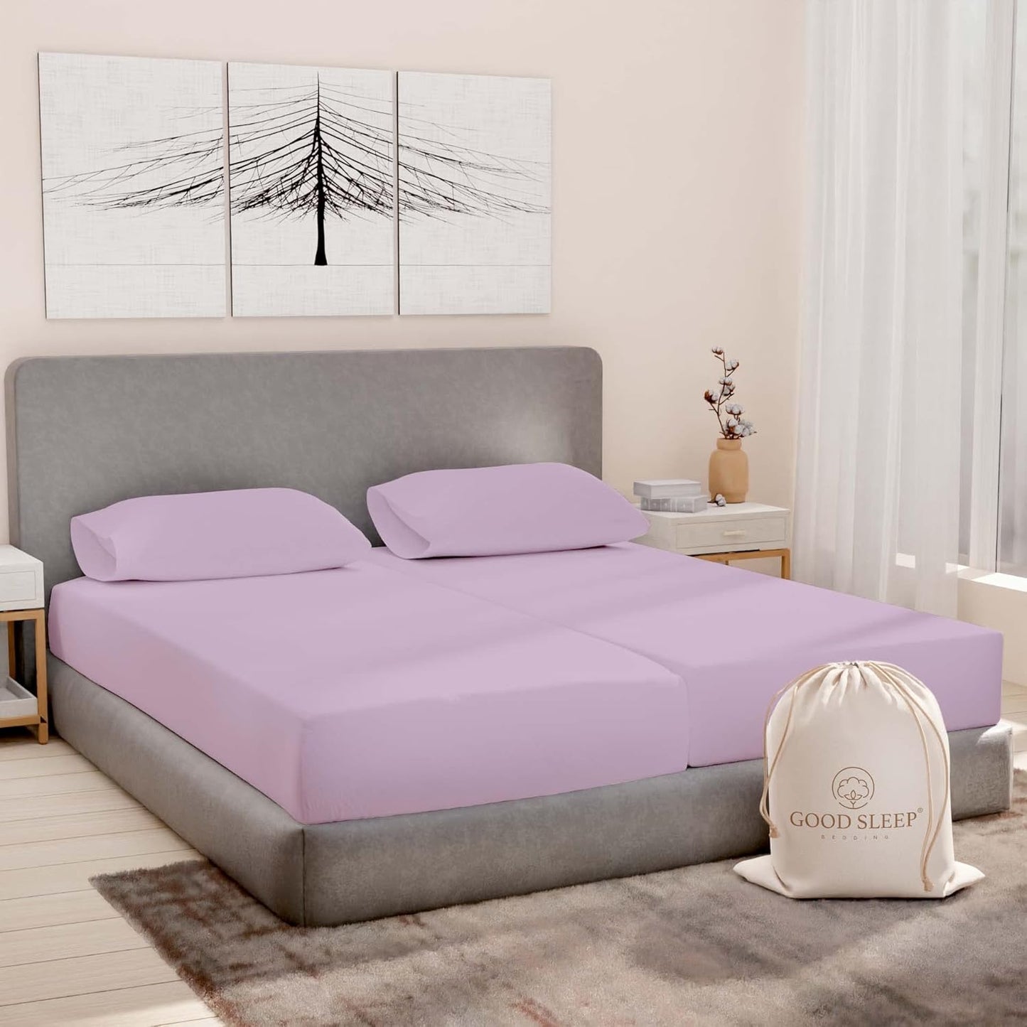 Split King Sheets Sets for Adjustable Bed Cotton, Luxury Sheets, Egyptian Cotton Sheets, 5 Piece 100% Cotton Split King Sheet Set, Sateen Sheetts, 2 Fitted - 16" Deep Pocket, Lavender