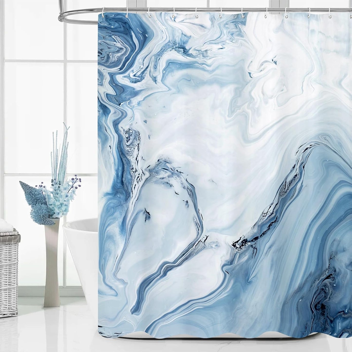 MitoVilla Blue Marble Extra Long Shower Curtain Set 72 x 84, Modern Ombre 84 inch XL Shower Curtains for Chic Bathroom Decor, Abstract Watercolor Fabric Shower Curtain