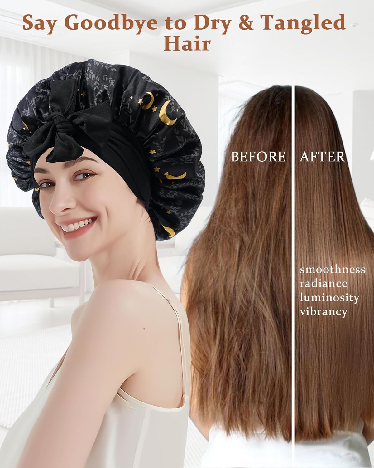 100% Mulberry Silk Bonnet for Sleeping Women Double Layer Silk Hair Bonnet Natural Sleep Cap with Elastic（Black + Moon）