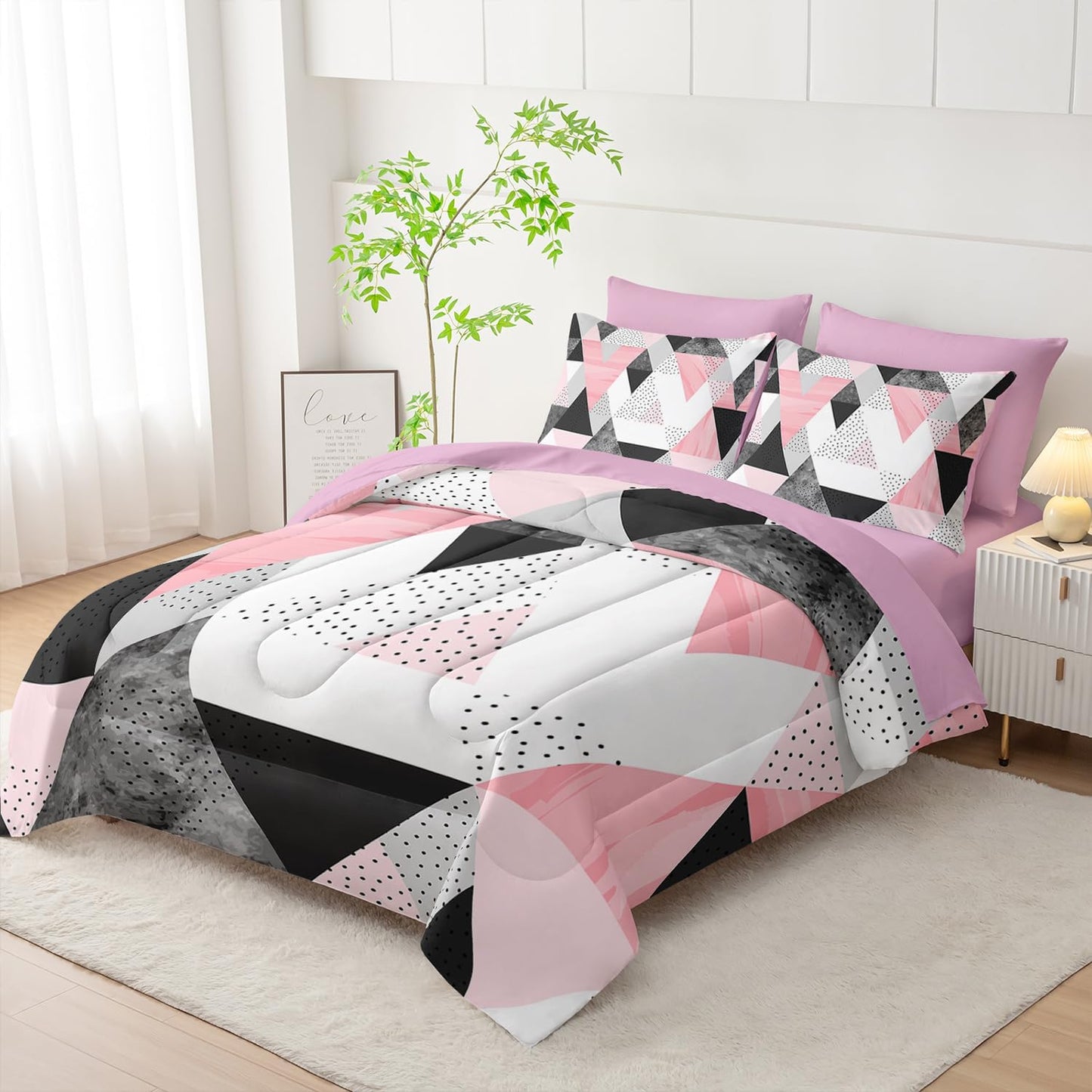 Twin Size Comforter Set - 7 Piece Pink & Gray Triangle Geometric Bedding, Ultra Soft Microfiber, Modern Aesthetic, All Season