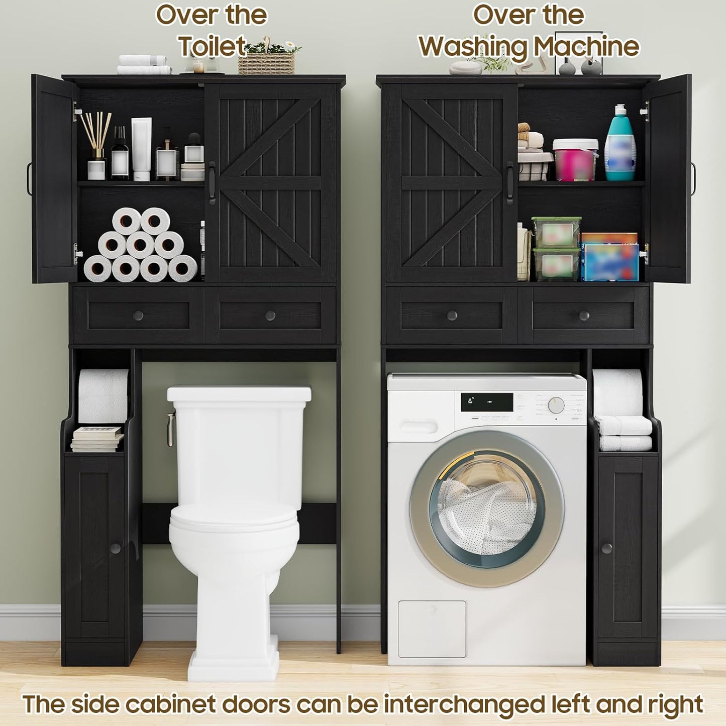 Over The Toilet Storage Cabinet, Storage Cabinet Over Toilet with Double Doors & Toilet Paper Holder Stand, Freestanding Toilet Shelf Space Saver with Anti-Tip Design & Adjustable Shelf, Black